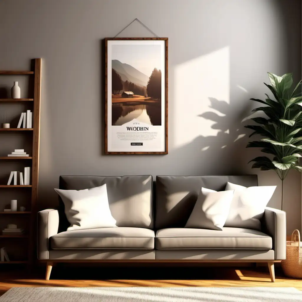 Cozy Farmhouse Living Room with Wooden Poster Frame Mockup