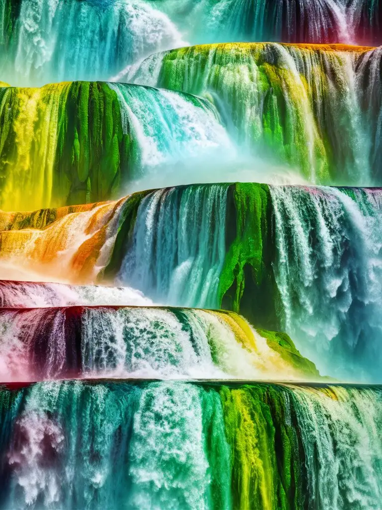 Каскад водопадов, яркие цвета, потоки воды