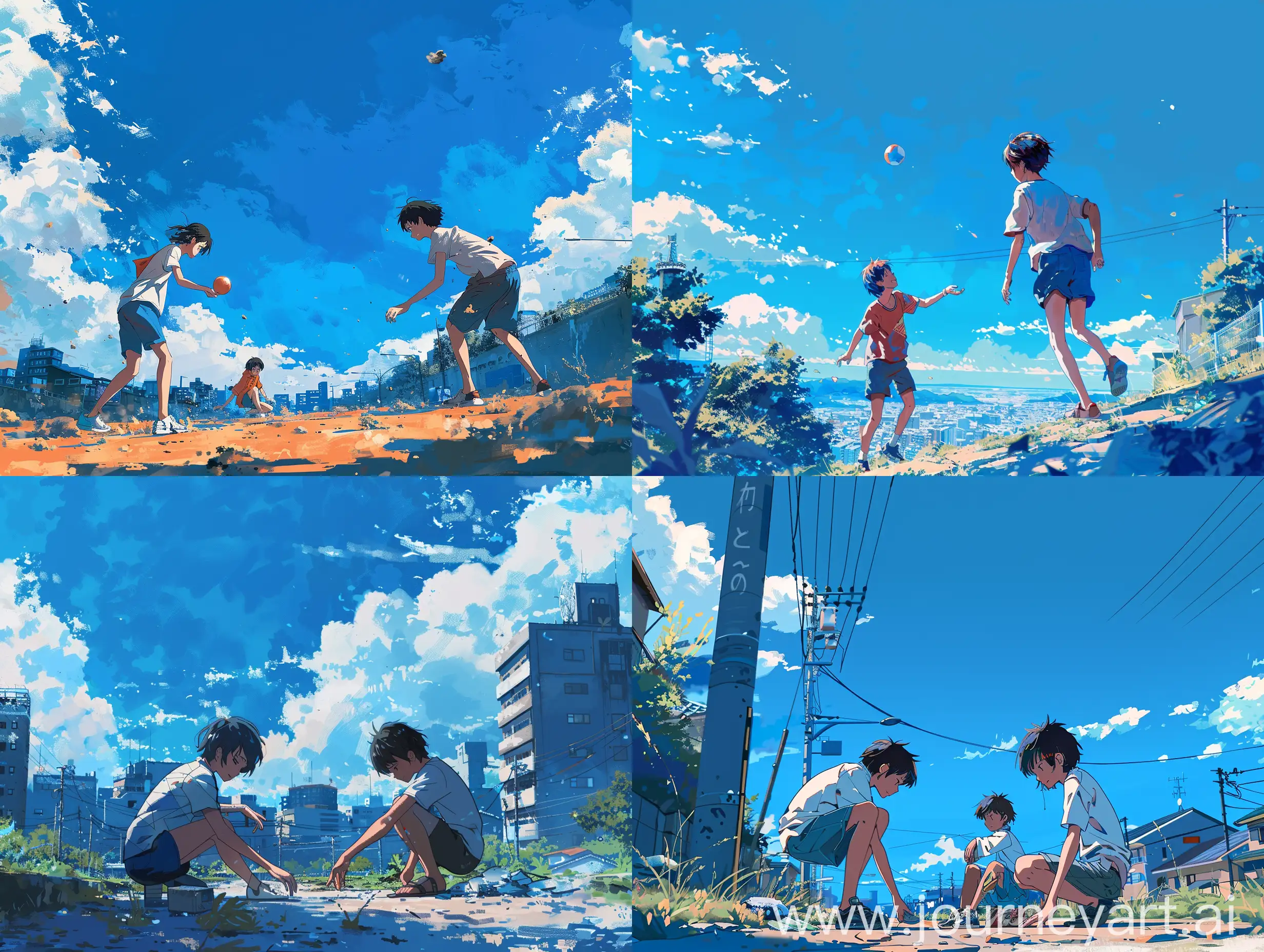 Anime, summer, background city, two teenagers, playing, style of Makoto Shinkai Byousoku 5 Centimeter, blue dead sky, advanced sense of color scheme, national trendy illustration, 8k, rich details,  natural lighting, minimalism