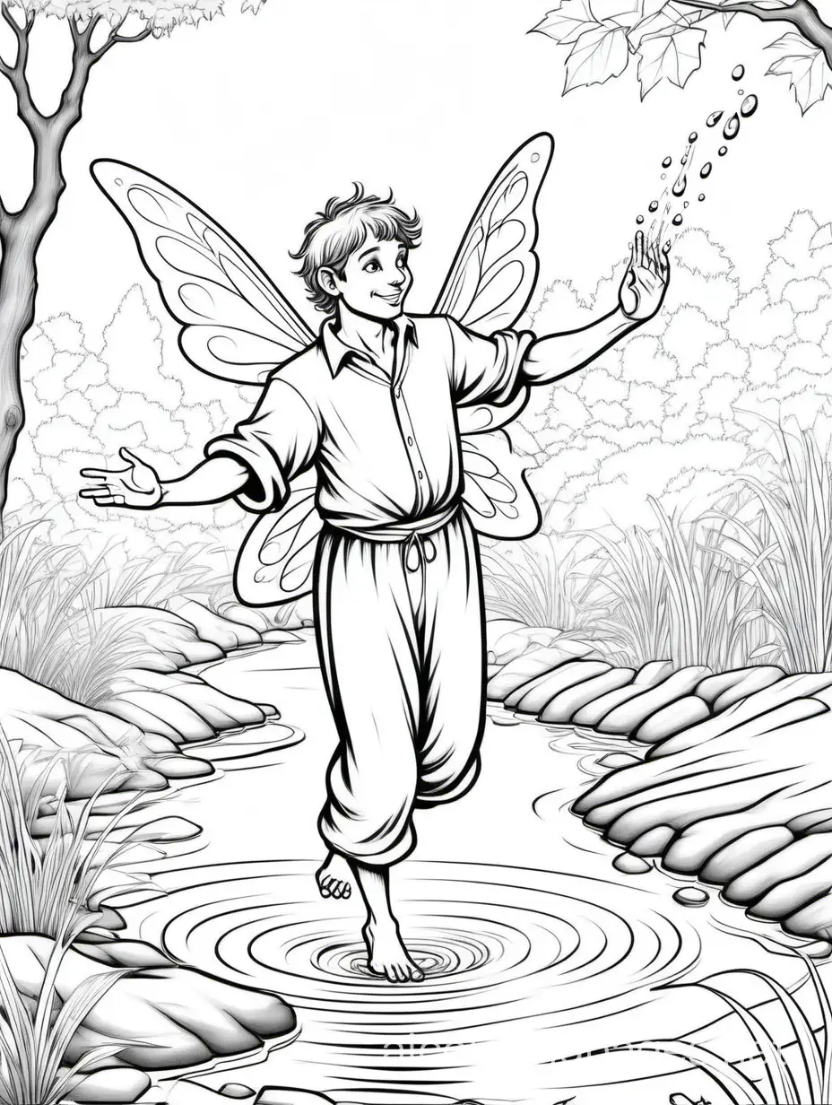 a beautiful male fairie with wings,  fully clothed and wearing nice clothes throwing water up in the air with  its hand by a little river.
, Coloring Page, black and white, line art, white background, Simplicity, Ample White Space. The background of the coloring page is plain white to make it easy for young children to color within the lines. The outlines of all the subjects are easy to distinguish, making it simple for kids to color without too much difficulty