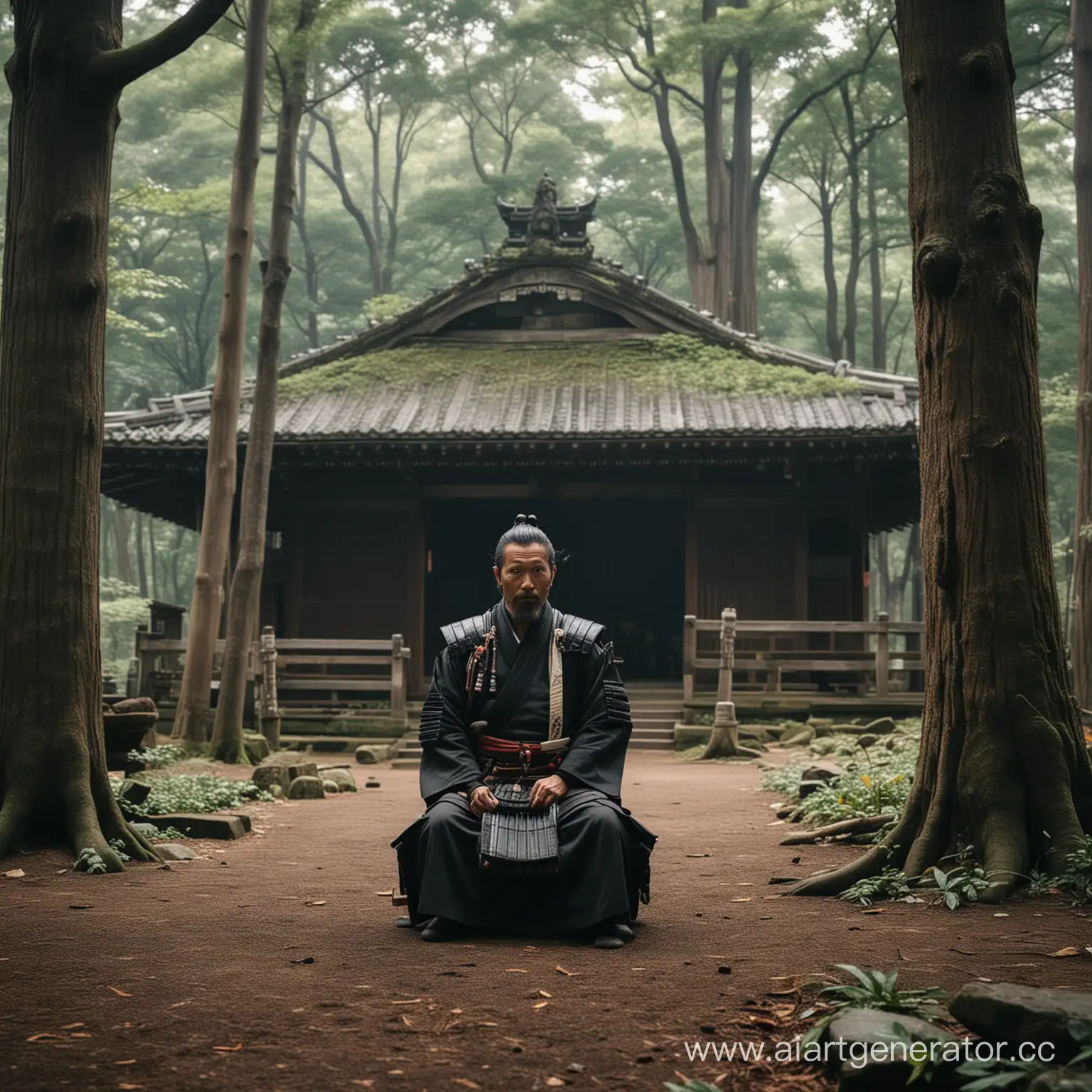 Древний токийский самурай сидит в храме в лесу
