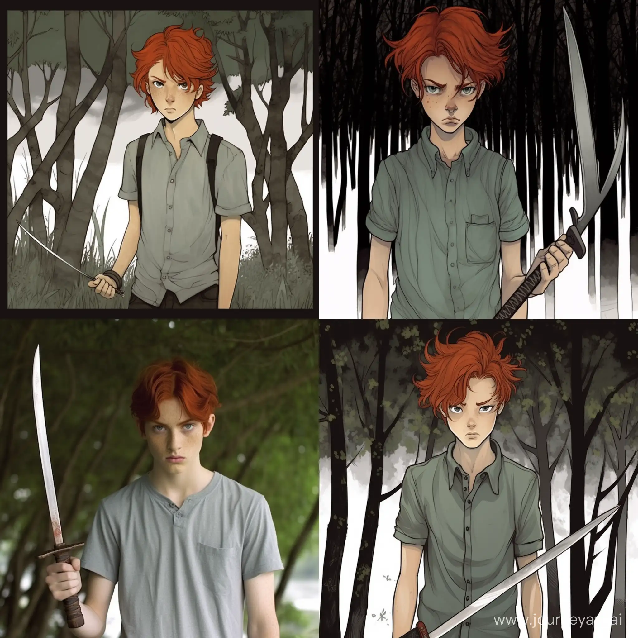 Boy. A teenager, 16 years old. Wiry, tall, fit. With curly red hair. Green eyes. Freckled face. Without a T-shirt. He's wearing battered shorts and a knife dangling from his belt. Barefoot. There is a sharpened stick in his right hand.