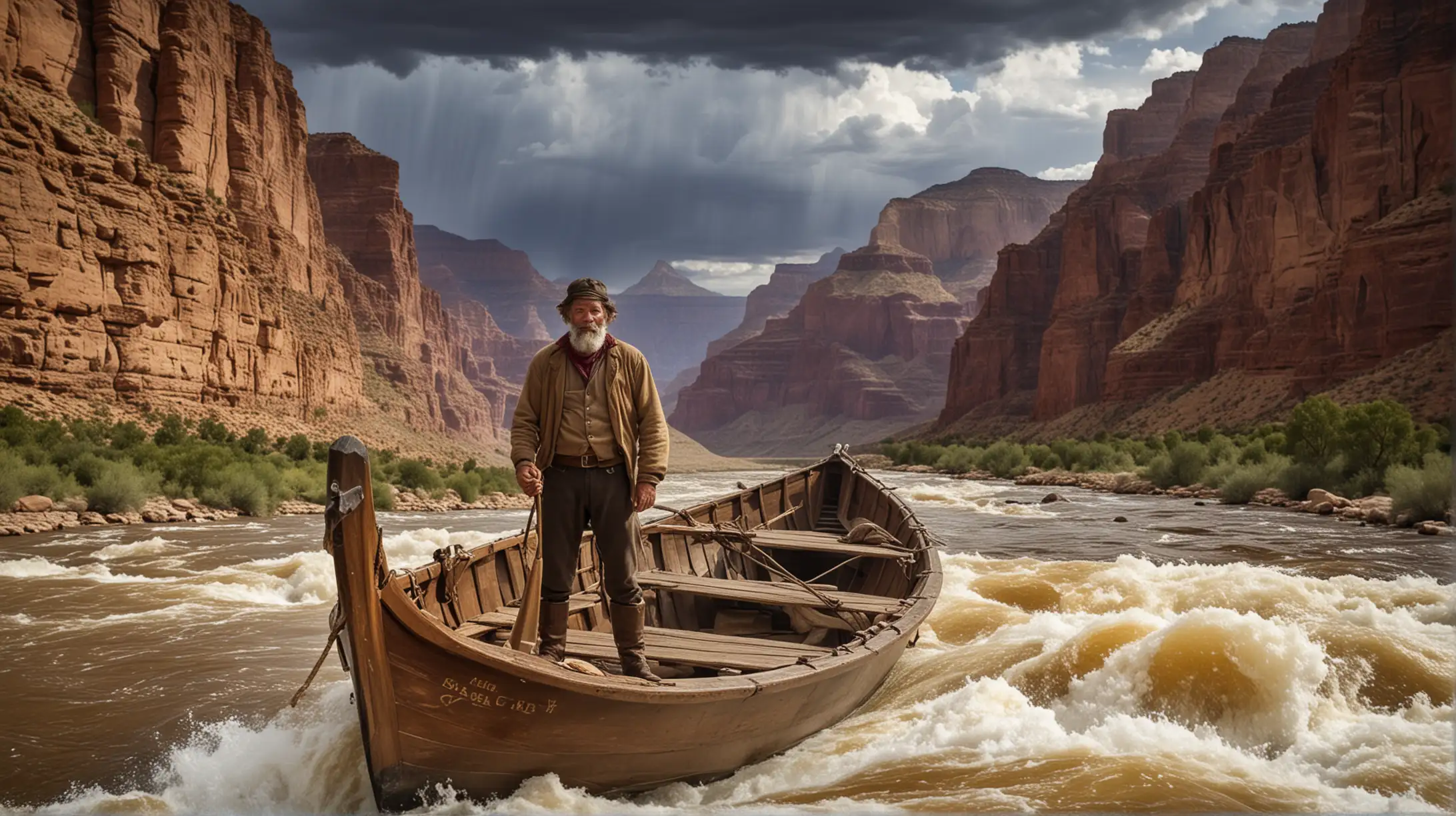 Explorer John Wesley Powell, standing in a wooden boat, he has only one arm, in rapids, Grand Canyon, dramatic sky.