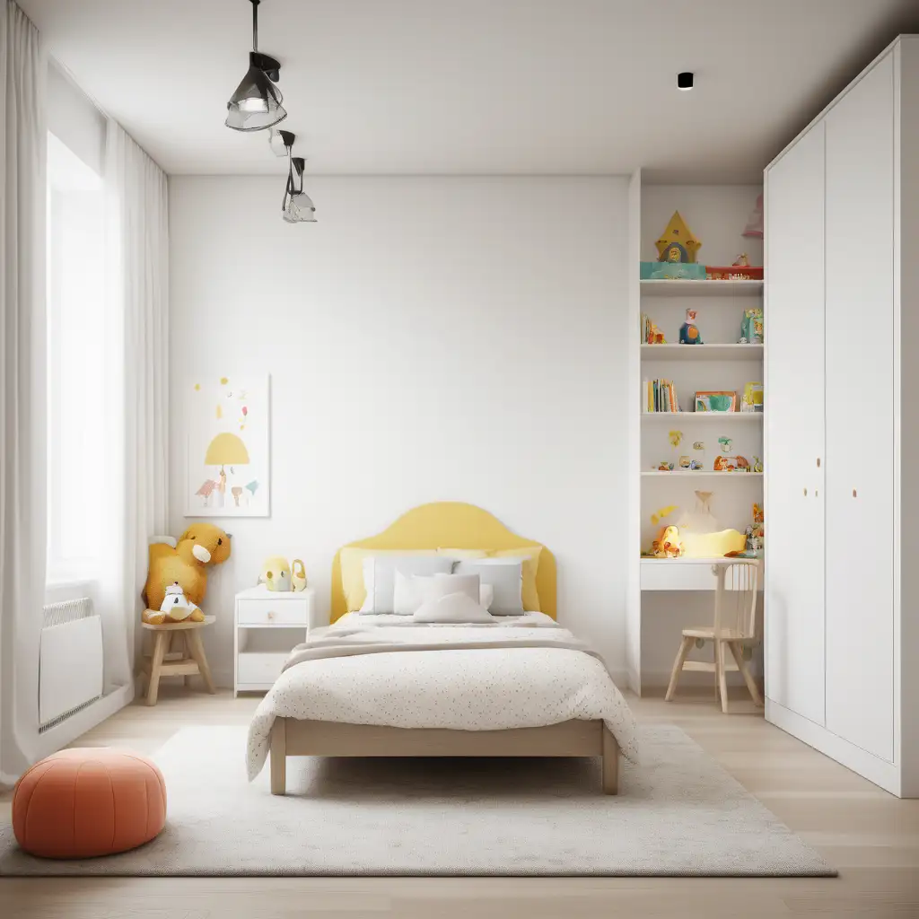 návrh design dětského pokoje, postel a za ní je velká bílá zeď.