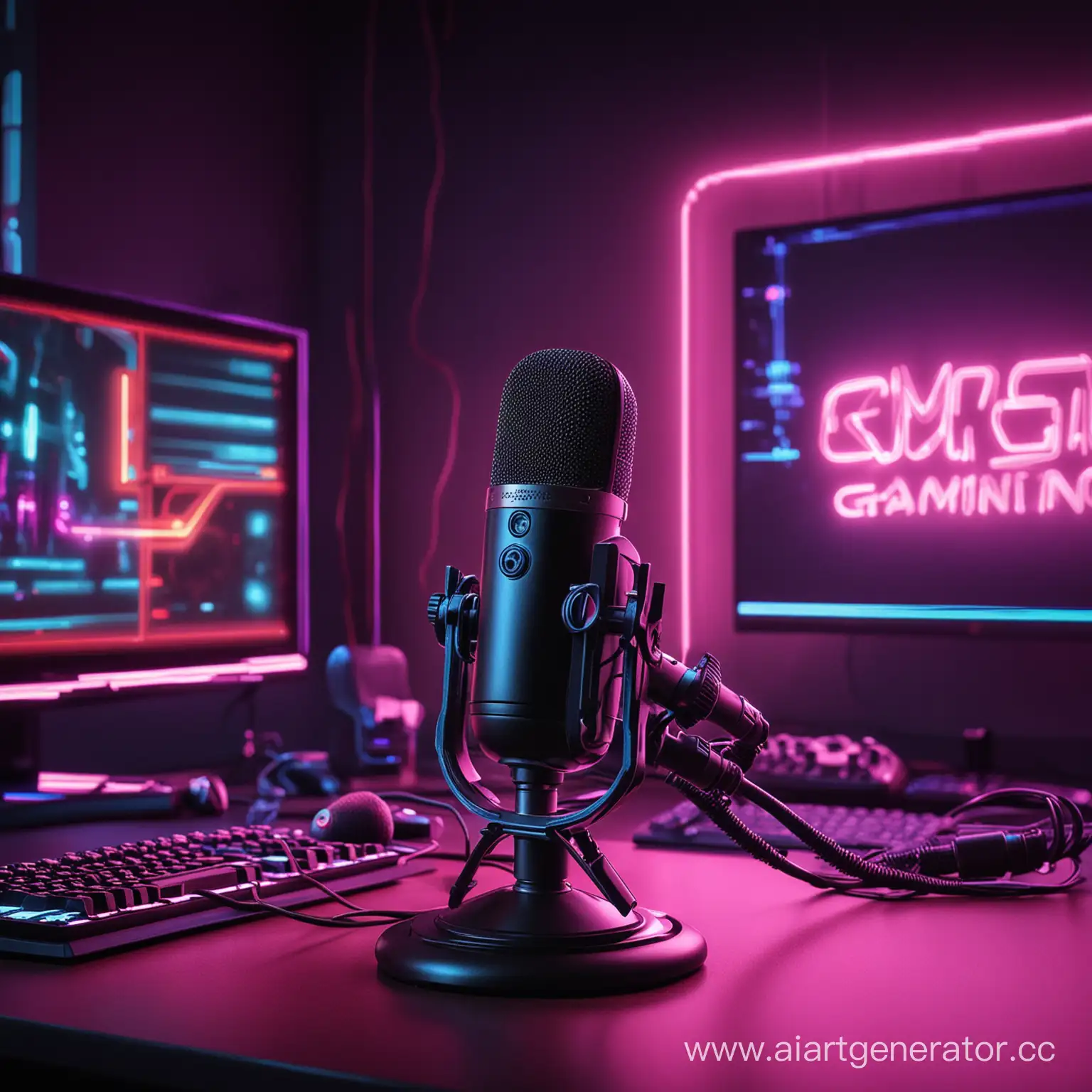 Gaming-Microphone-in-Neonlit-Workstation-Setup