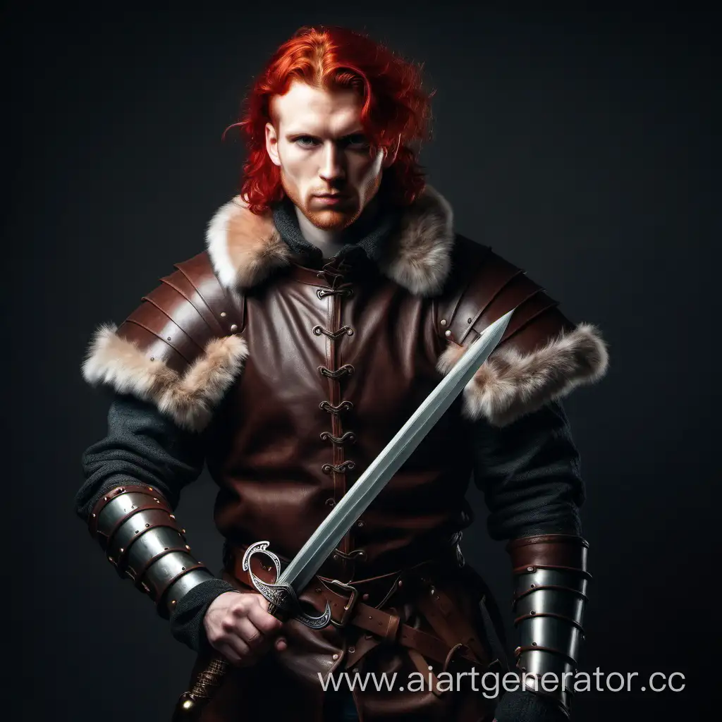 Средневековый искатель приключений с коротким мечем в кожаной броне с меховым воротом. Рыжие волосы