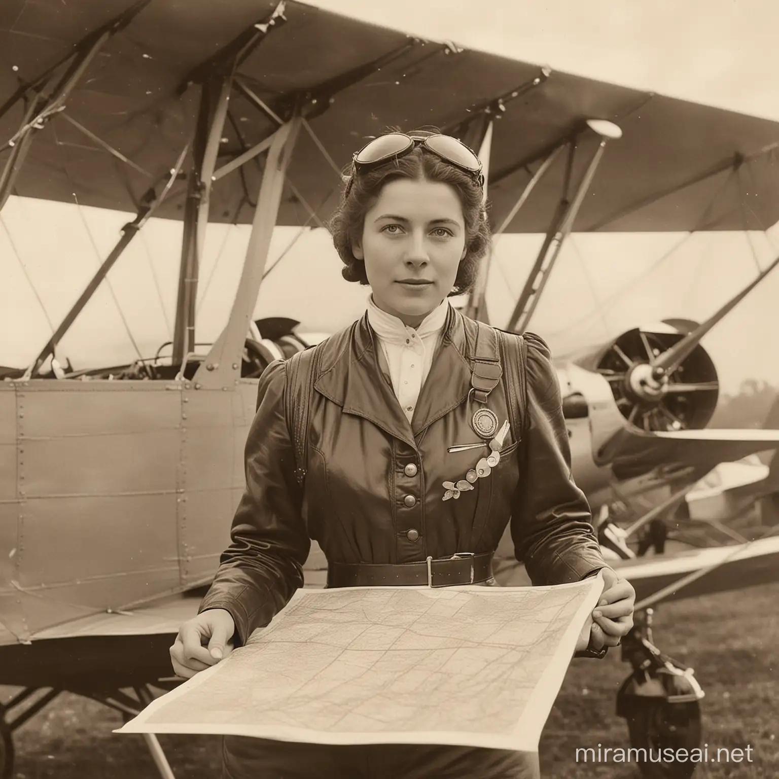 A photo of an 1910's biplane pilot, in front of her airplane, holding a map and other navigation instruments
