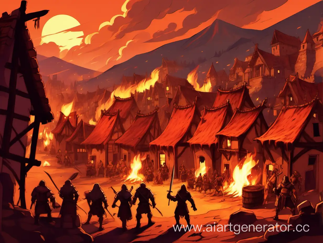 Small Medieval village, fire, barbarians in front, 2D art, warm colors, RPG style art