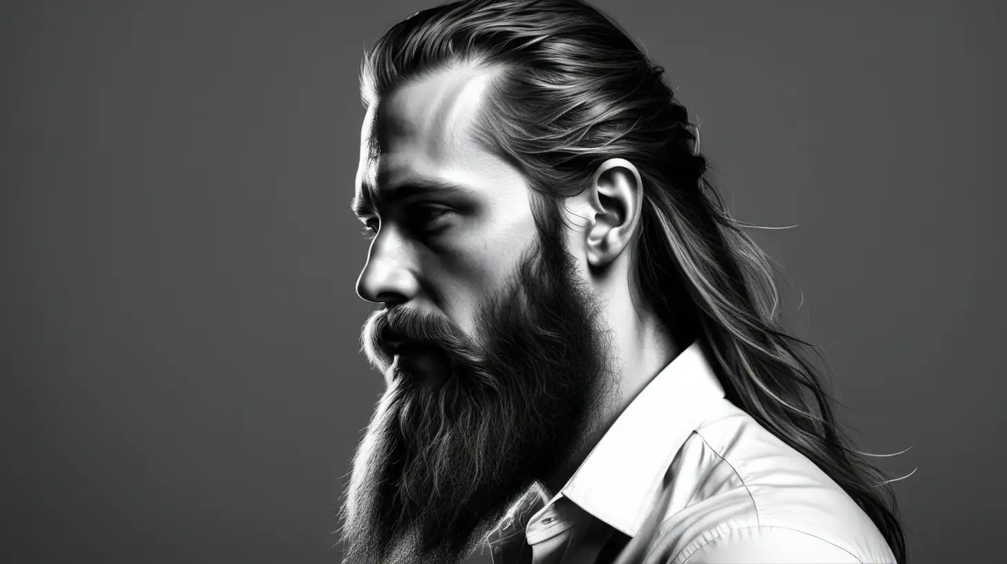 ultrarealistic portrait nice man long hair and beard stranding from side  no colors 