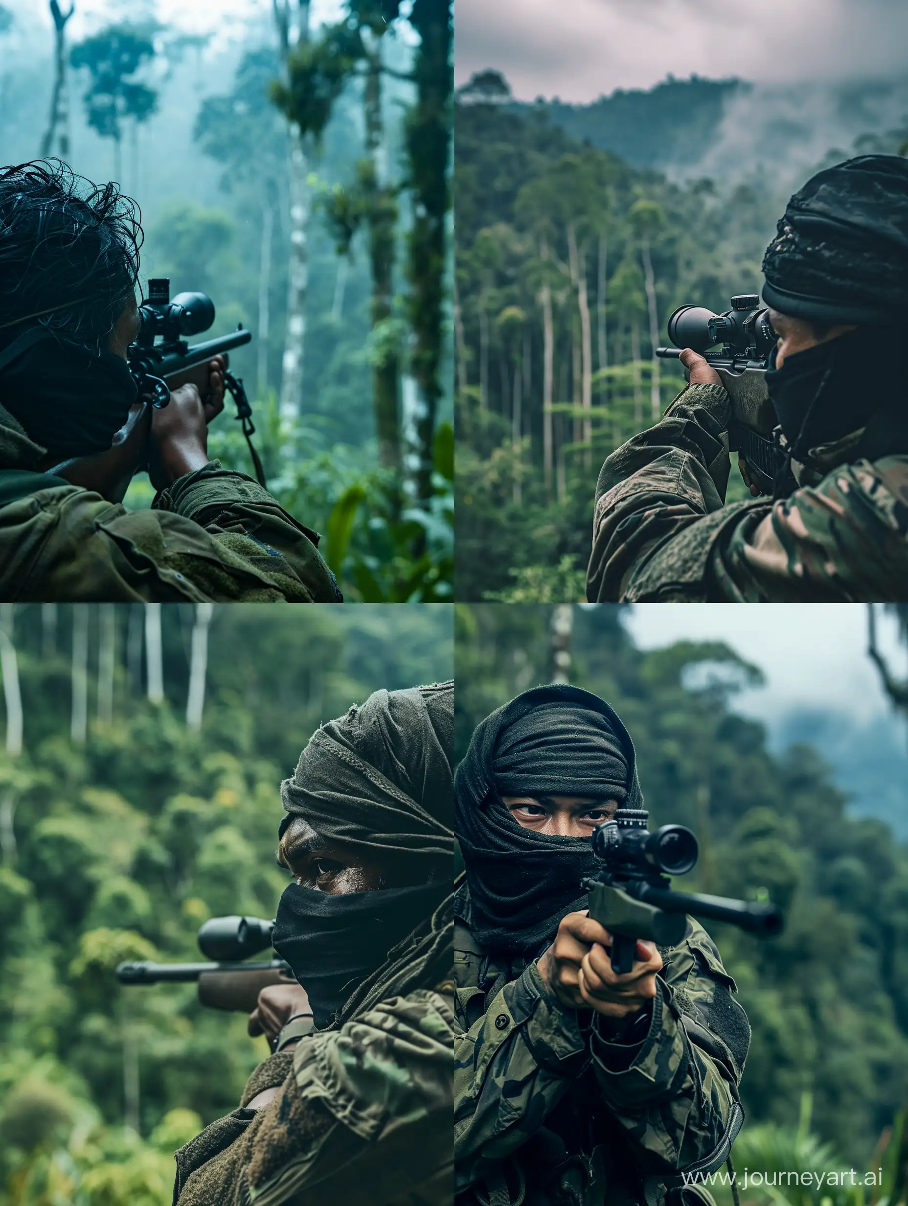 Make a film style thumbnail, a soldier, Indonesian sniper, wearing a black mask, forest background, aiming at the Papuan forest, long shot