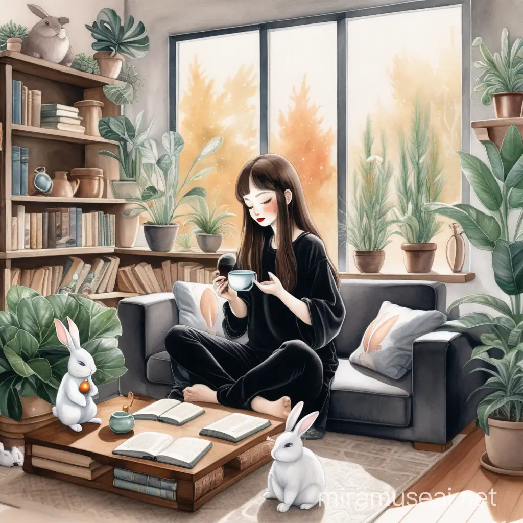 A charming watercolour illustration of a a cute anime-girl with long semi-dark brown hair making potions. The girl is wearing black oversized shirt with red lipstick, and wearing black yoga pants. sitting on a cozy sofa, with a cup of tea and two real life bunnies nearby, The room has a minimalist design, with lots of plants and books., The background reveals a garden, with a soft, golden glow.