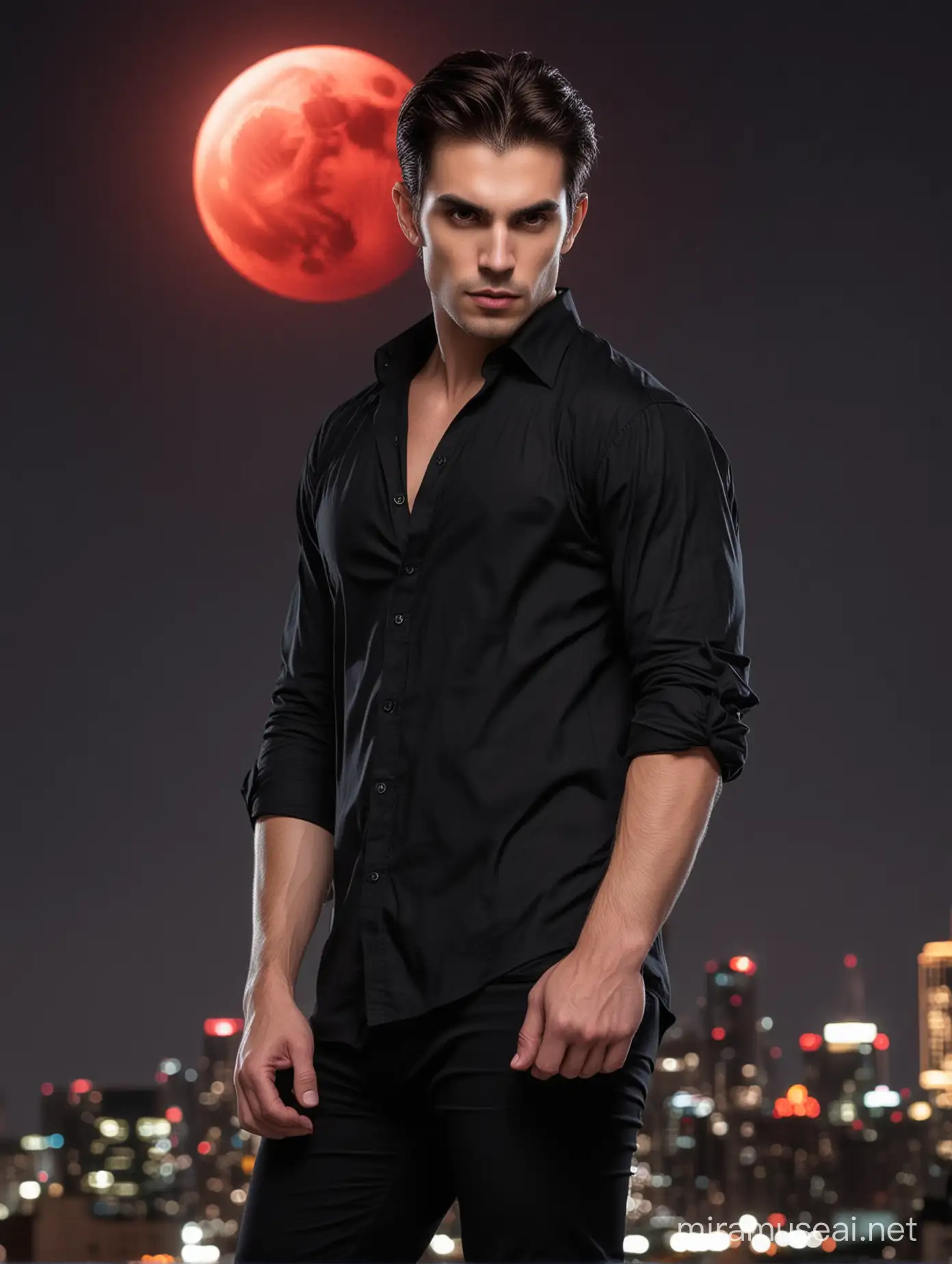 A handsome vampire man wearing a black shirt and black fitted pants while looking at the camera intently. The background should be black and there’s a buildings and city lights behind him and red full moon.