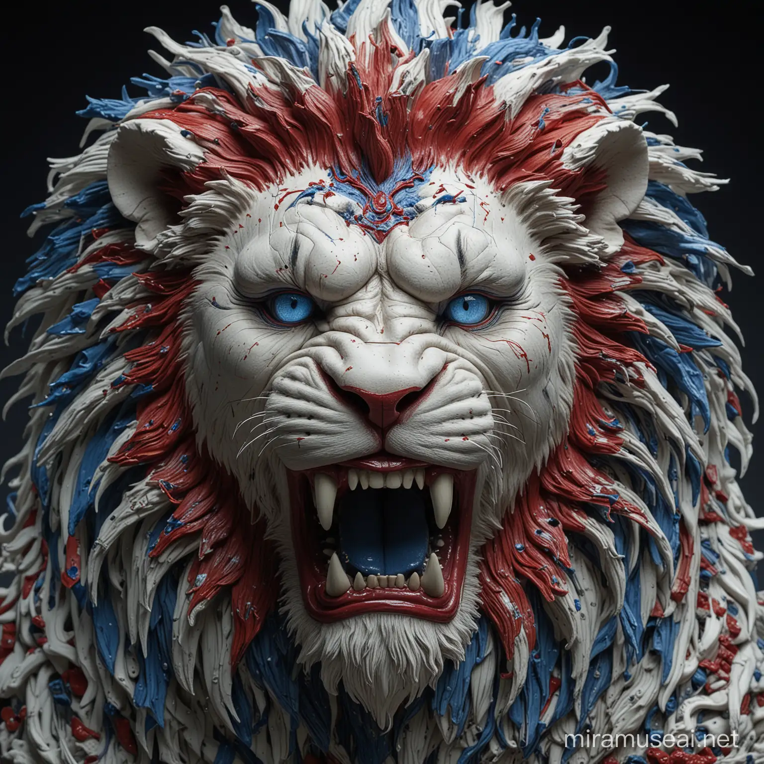 ALGORITHMIC FUSION, An angry Lion  made of porcelain white and blue and red is preparing to attack, in its natural habitat, extremely-realistic, extremely detailed face, style by Dan Winters, Russell James, Steve McCurry, centered, extremely detailed, Canon 5D Mark IV with Kodak Ektar film, full fram, award winning photography