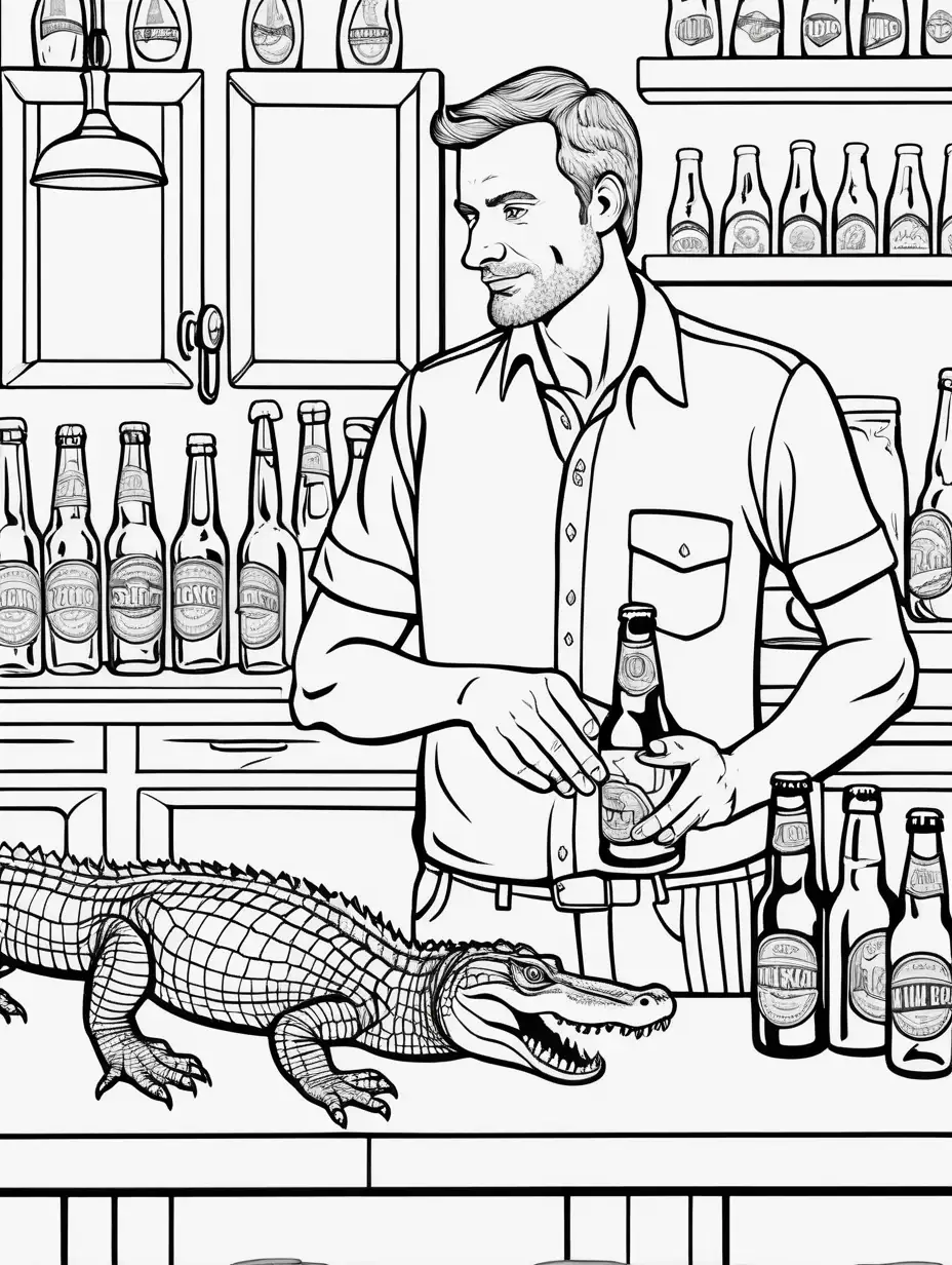 Adult Coloring Book, man carrying small alligator, standing at counter holding beer, black outline, high contrast
