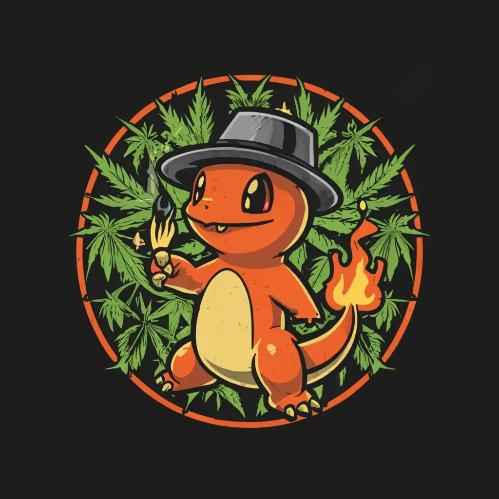 a logo design,with the text "CharPuff", main symbol:Create a logo showing Charmander in the middle of a marijuana field while lighting a joint with its tail. He wears a black hat.,complex,be used in Internet industry,clear background