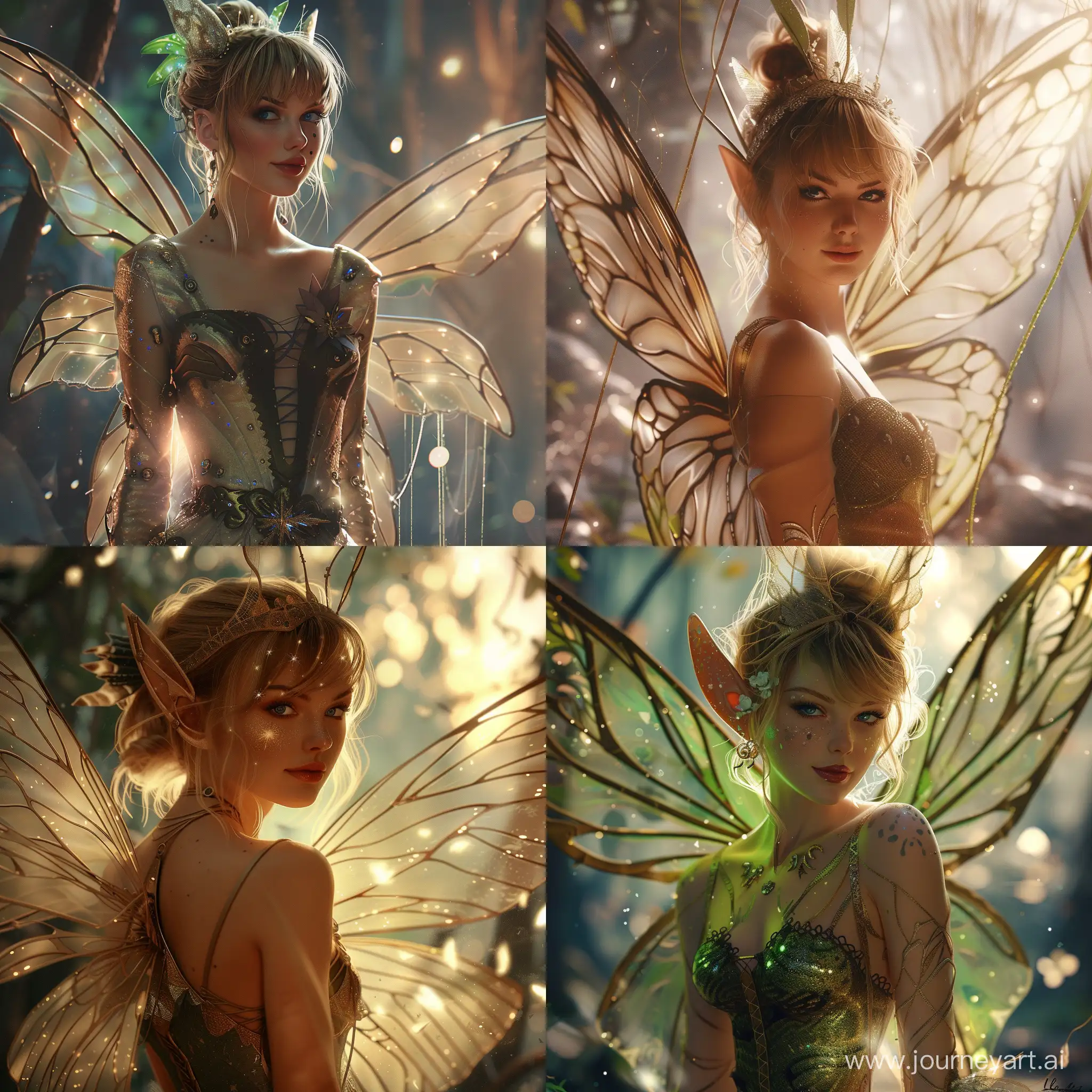 realistic digital painting of Taylor Swift as Tinkerbell, intricate details on wings and costume, soft lighting, dreamy atmosphere, by artist Loish or Artgerm Lau, trending on DeviantArt and Instagram