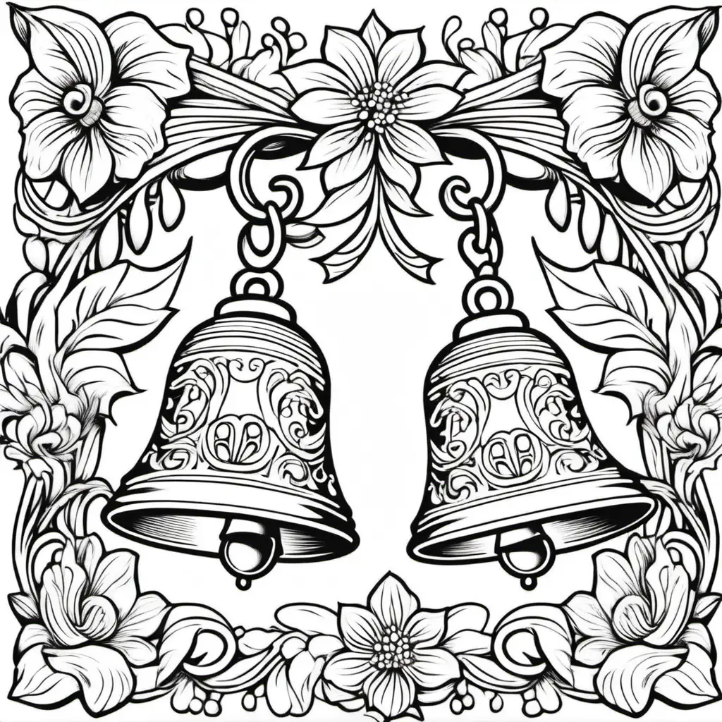  bells, floral background, coloring book page, clean line art
