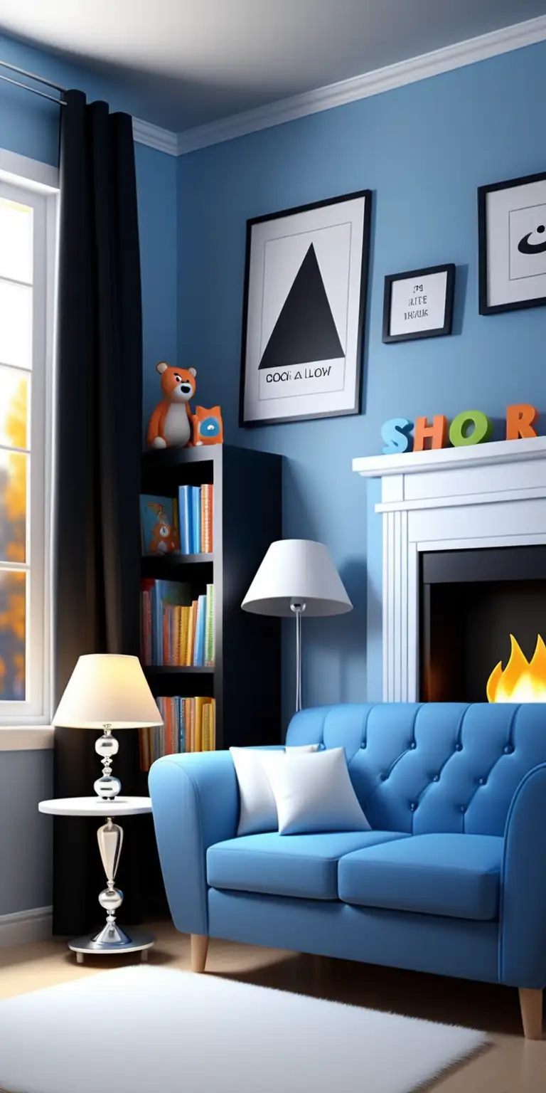 Cozy Childrens Book Illustration with Blue Sofa and Black Fireplace