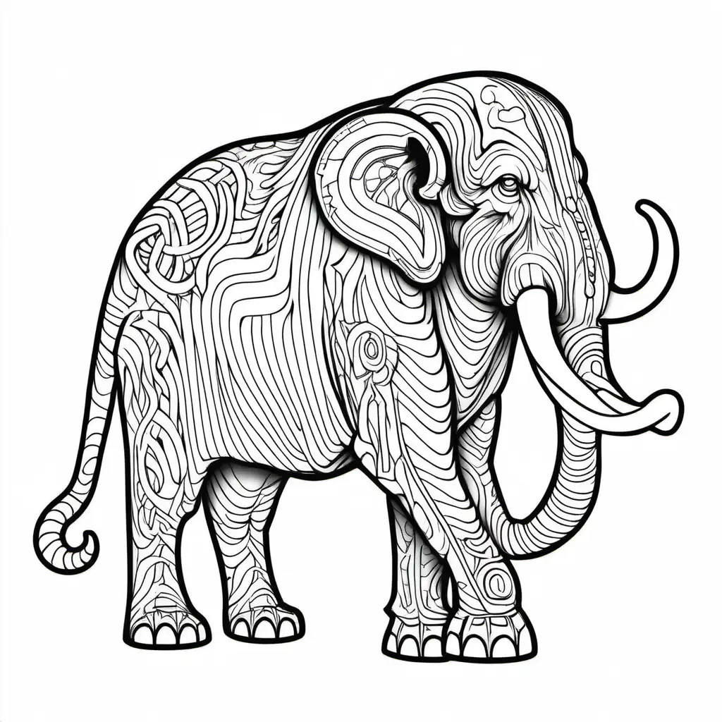 Mastodon, Coloring Page, black and white, line art, white background, Simplicity, Ample White Space. The background of the coloring page is plain white to make it easy for young children to color within the lines. The outlines of all the subjects are easy to distinguish, making it simple for kids to color without too much difficulty