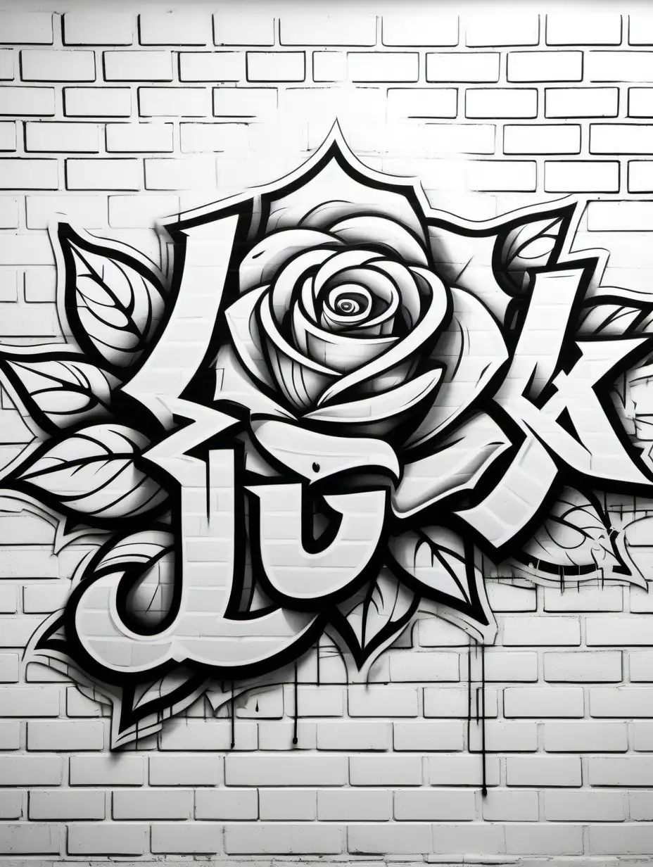 Graffiti Coloring Page LUX with Blooming Rose on White and Black Brick Wall