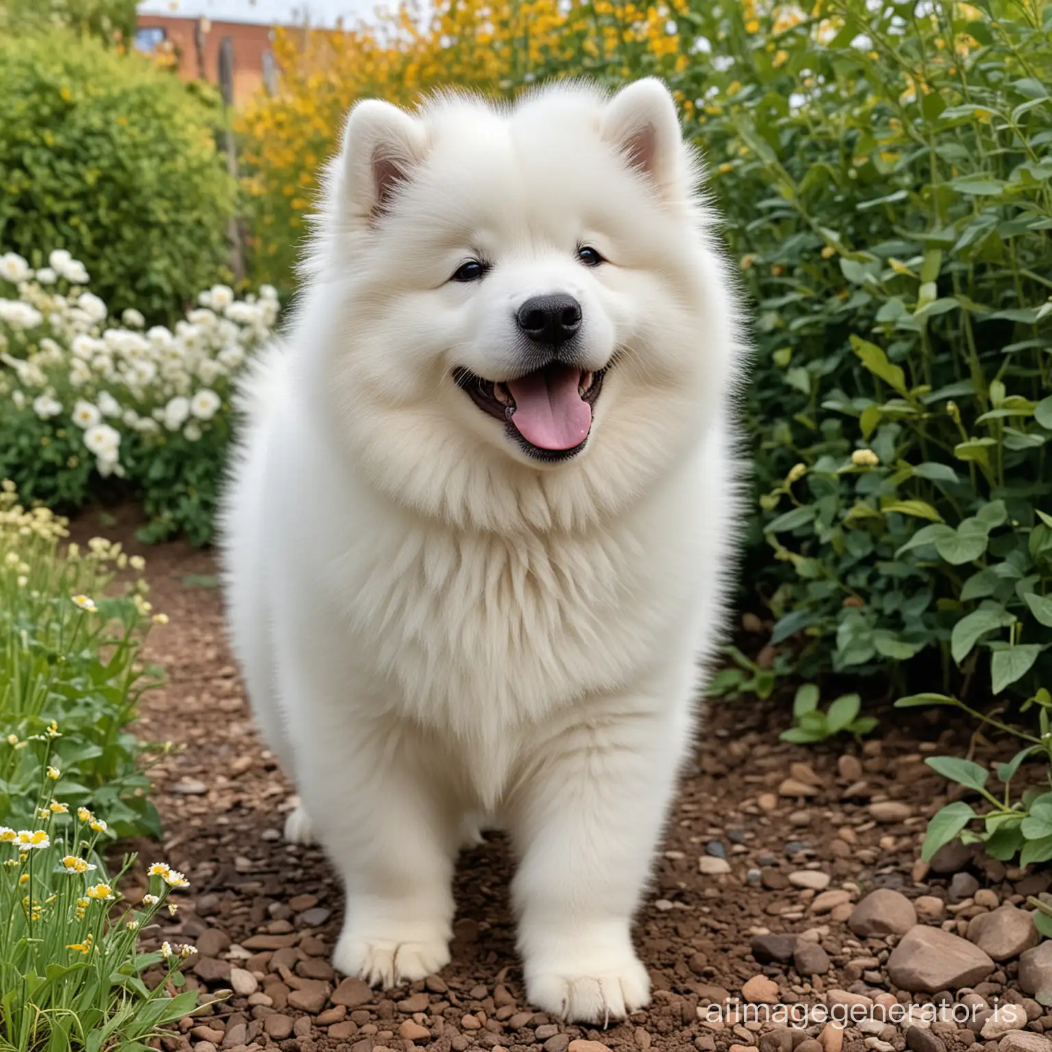 a happy samoyed puppy in the garden