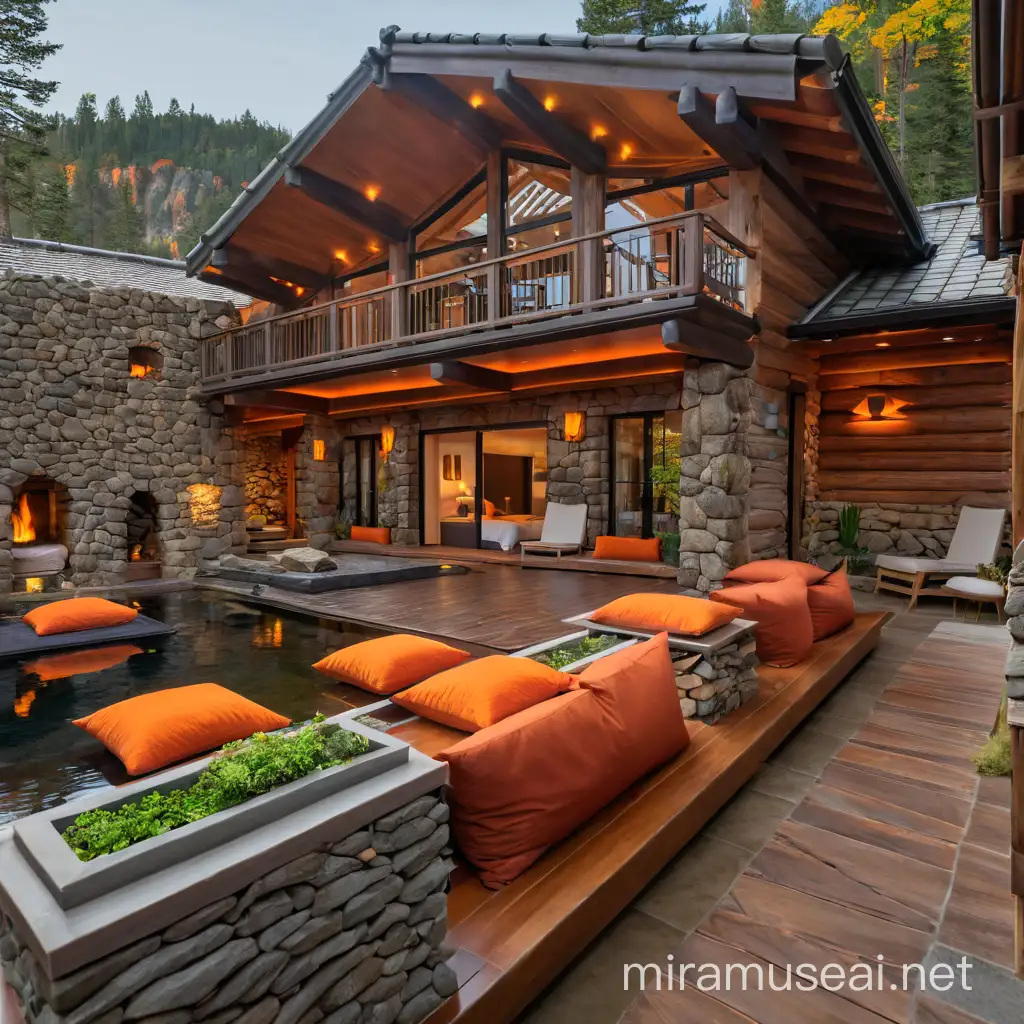 A bedroom with a large bed and a pond in the middle of it. The bed is surrounded by rocks and there are two orange pillows. The room has wooden beams on the ceiling.