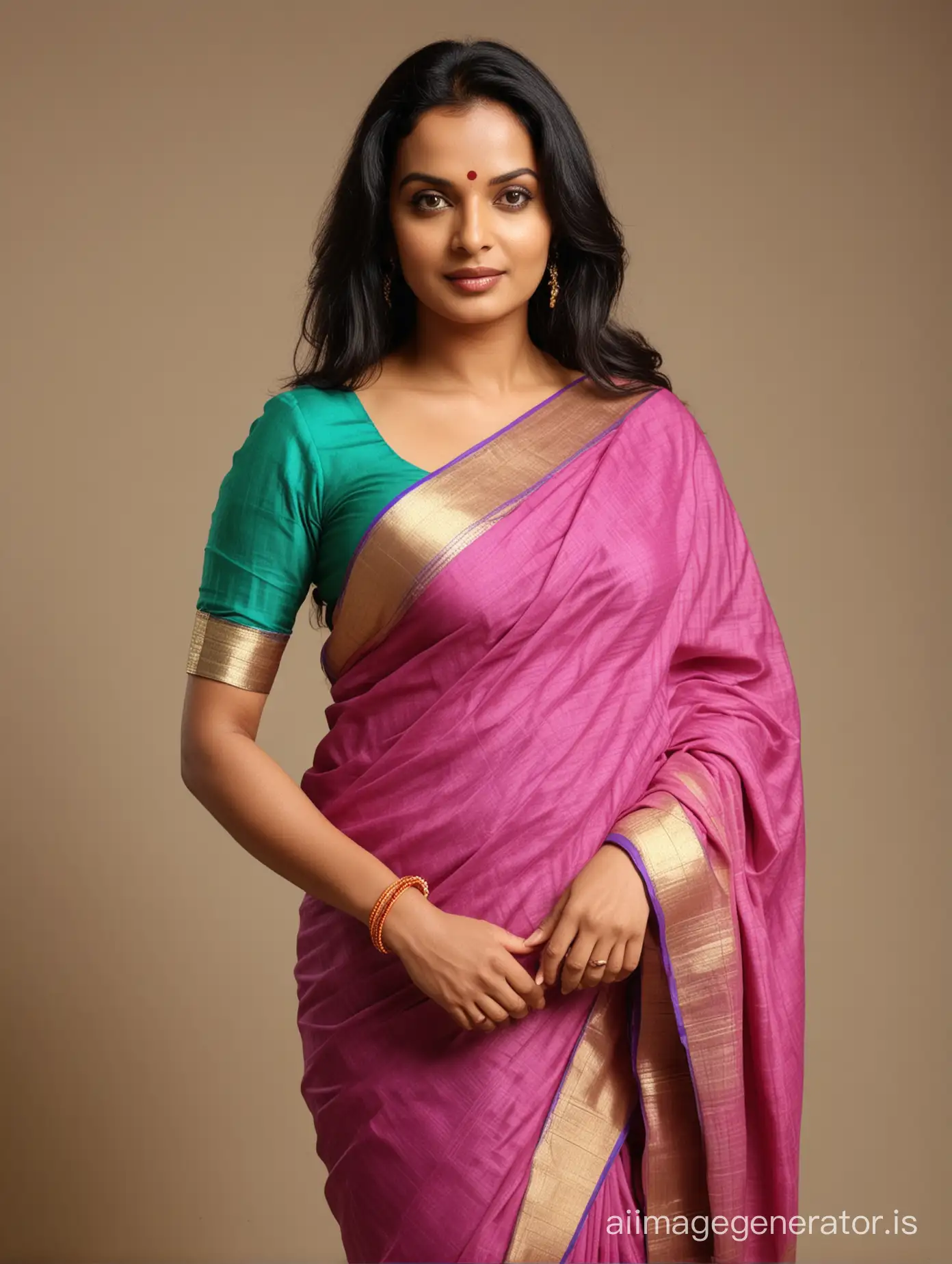 3 DSLR Full body images of 45 year old Kerala woman who looks like Malayalam movie actress Swetha Menon. The woman is wearing a cheap saree like a prostitute. The woman has very long hair.