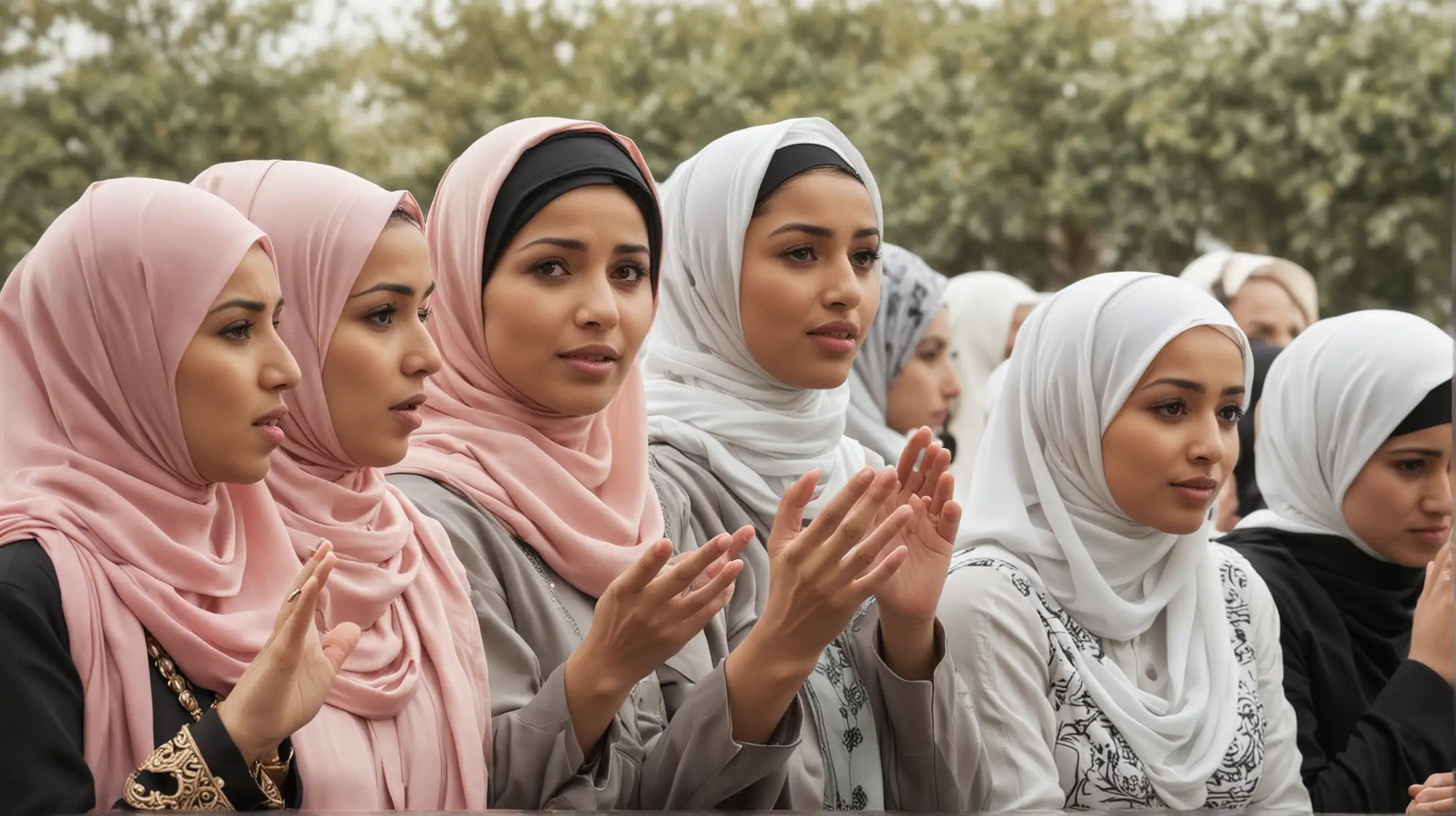 a Muslim woman sadly talking with a group of muslim woman