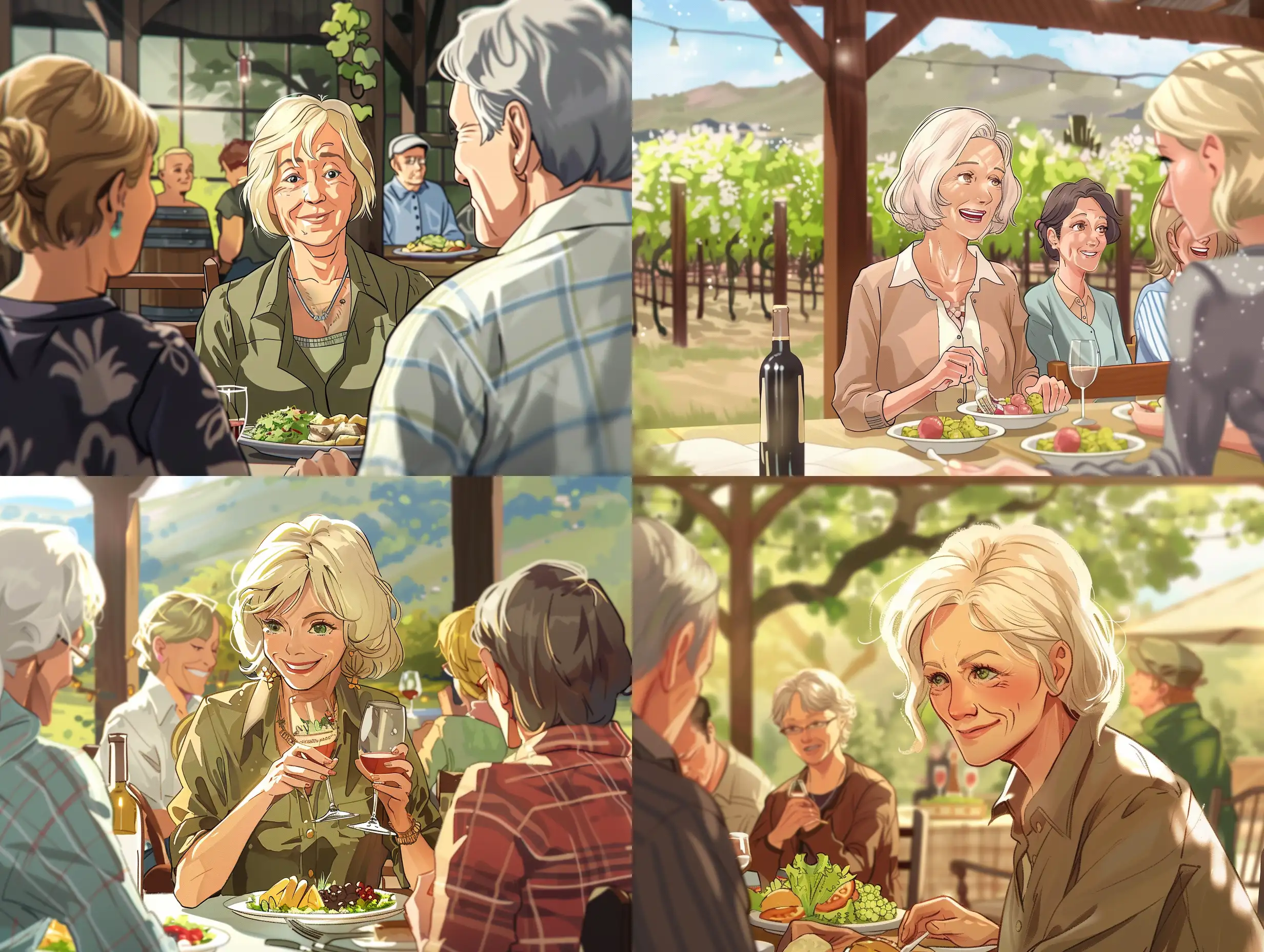 An older blonde woman having lunch with her church group. They are at a winery. The season is spring. Style is anime. 