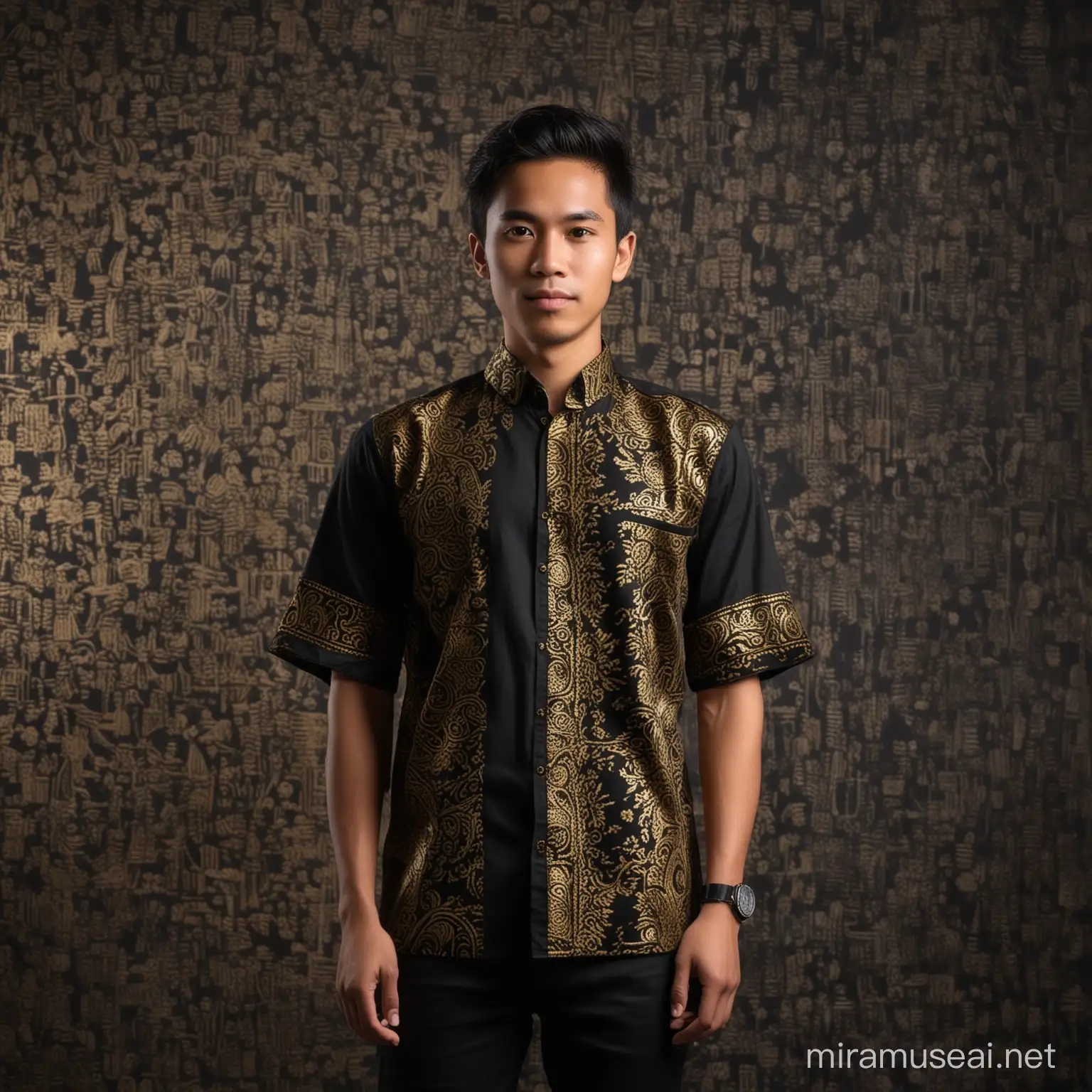 Seorang pria muda belia, wajah indonesia, memakai baju hitam batik emas,memakai songkok, baiground layar hitam foto studio,
Full body