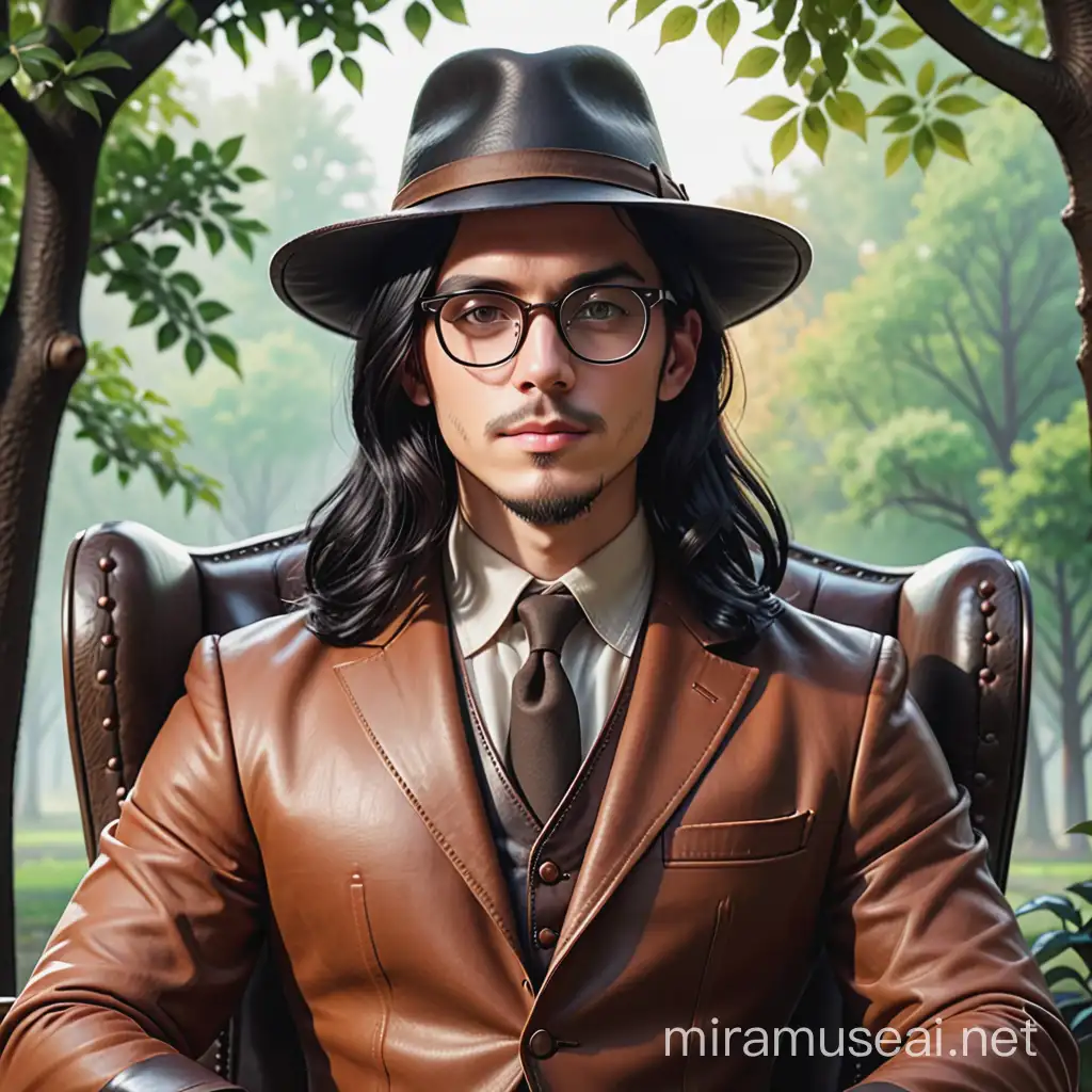 create a logo for a youtube channel, a person with a leather hat, and a brown suit, with rounded black glasses, long black hair, sitting in a leather chair, with a medieval background, with trees