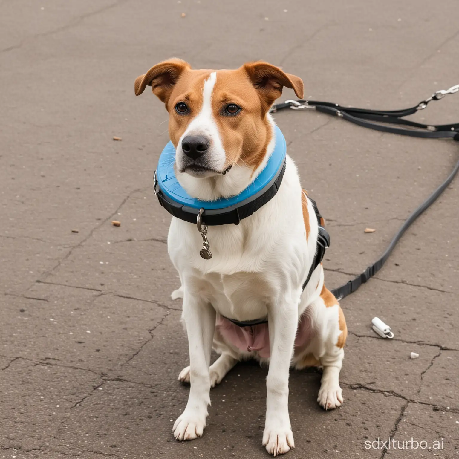 A sick dog carrying a recovery collar around his neck.