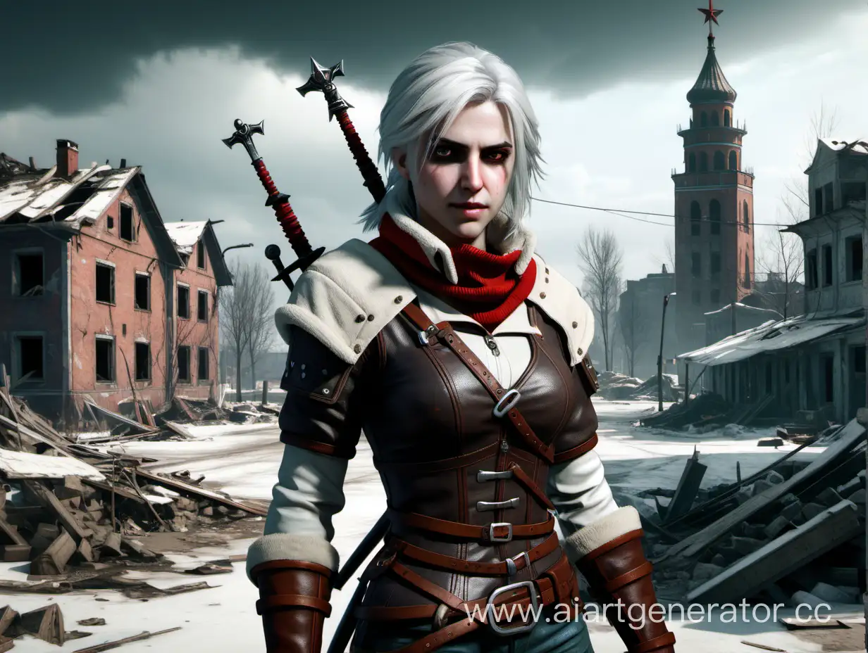 Ciri-Witcher-3-Armor-in-PostApocalyptic-Soviet-Ruined-Town-Winter-Scene