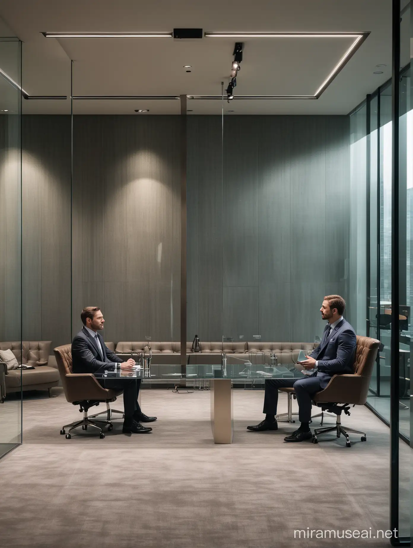 Elegant Corporate Interview in Luxurious Office with Glass Walls