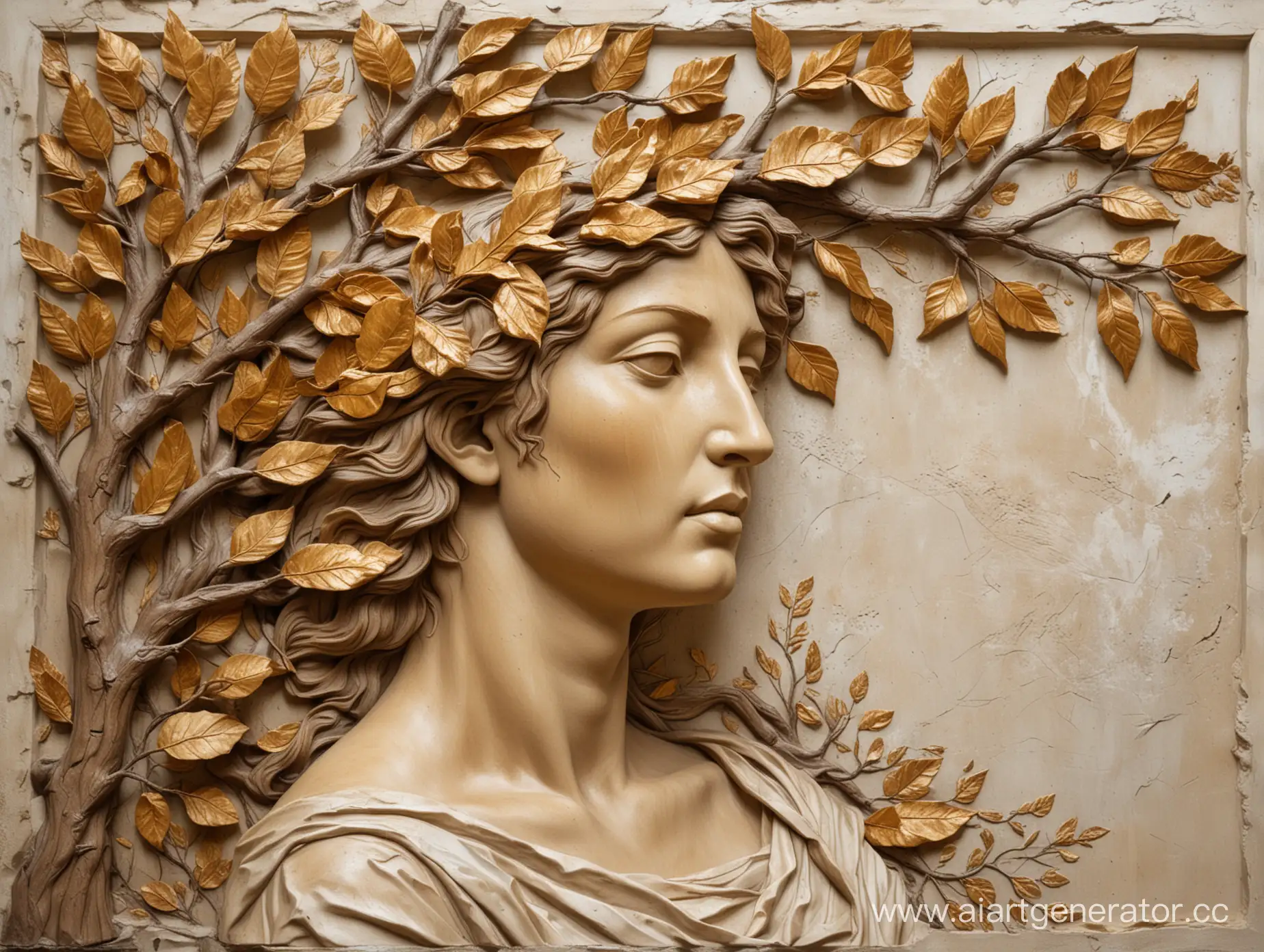 барельеф греческая женщина с большими старыми ветками дерева и золотыми листьями на старой штукатурке