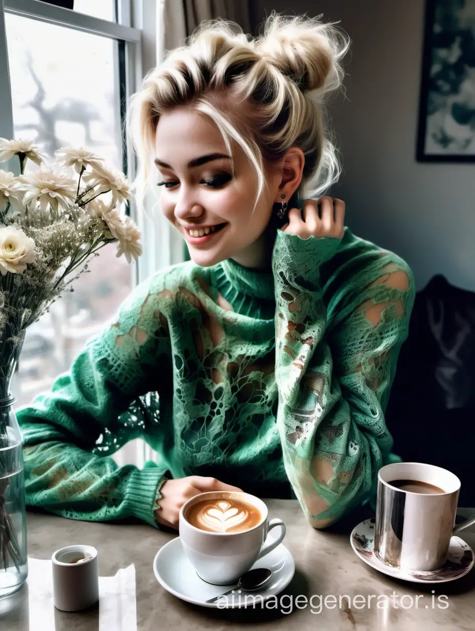 Smiling-Girl-in-Green-Lace-Sweater-with-Coffee-and-Flowers