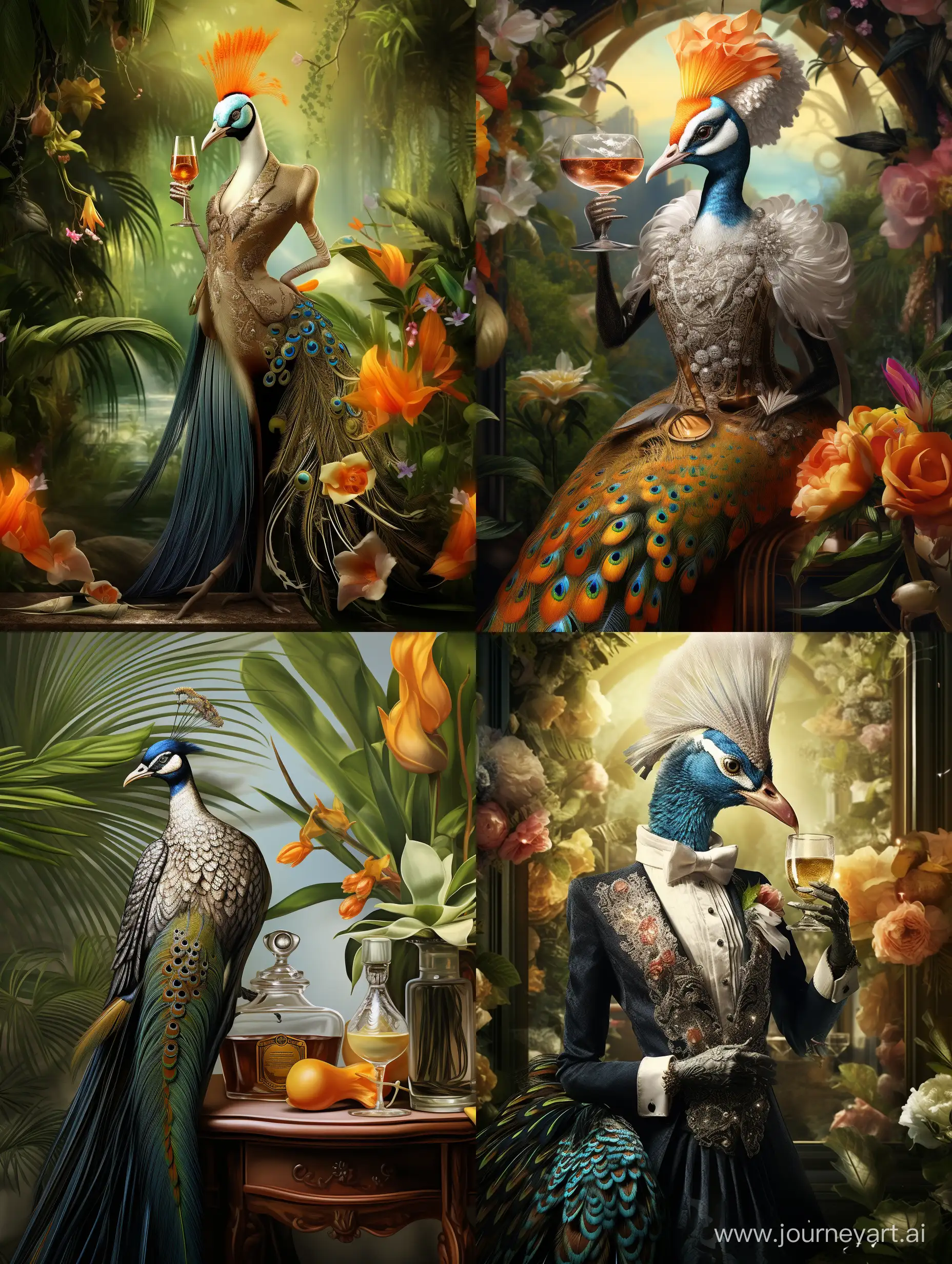 cool fashionable Wilson's bird of paradise bird! in clothes and with a bottle of perfume in her hands, detailed, realistic, beautiful background