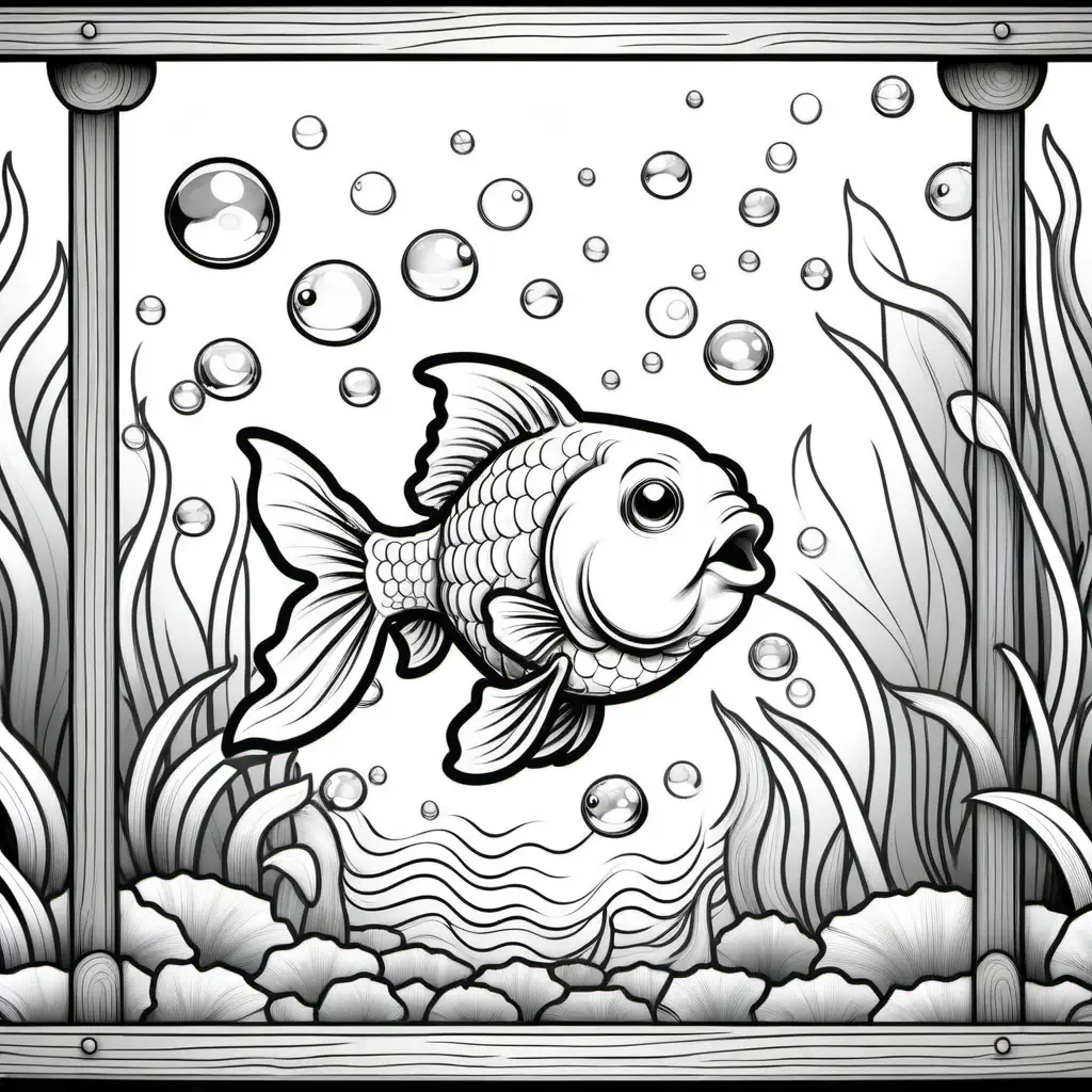 Cheerful Goldfish Swimming in NatureThemed Fishbowl Coloring Book