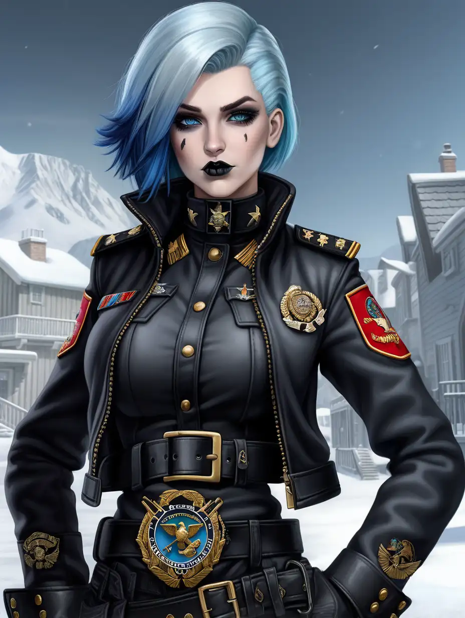 Warhammer 40K young busty Commissar woman. She has an hourglass shape. She has a short hairstyle that is eyebrow length haircut, that is similar to Maya's hairstyle, from Borderlands 2. Black belt has a lot of pouches. Black bandolier around her hips. Her dark black colored uniform jacket fits perfectly. She has faded light black goth style makeup. Her jacket has Gold USMC emblems and gold colonel eagle rank insignias. All of her clothes are warm. She has faded matte black lipstick. She has ghost pale skin. She has raven black colored hair with icy blue hair tips. She is wearing a combat rig with a lot of pouches and shoulder straps. Background scene is a Nordic village in a snowing blizzard. She wears bandolier along with her belt. Her uniform jacket is fully buttoned up and forms to her massive breasts. Her uniform jacket completely covers her torso, no skin is visible bellow the collar. She has icy blue colored eyes. Her uniform is very similar to the USMC officer dress dark black uniform.
