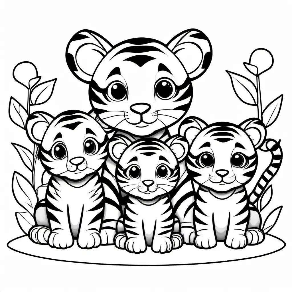 cute baby tiger with family coloring pages, Coloring Page, black and white, line art, white background, Simplicity, Ample White Space. The background of the coloring page is plain white to make it easy for young children to color within the lines. The outlines of all the subjects are easy to distinguish, making it simple for kids to color without too much difficulty