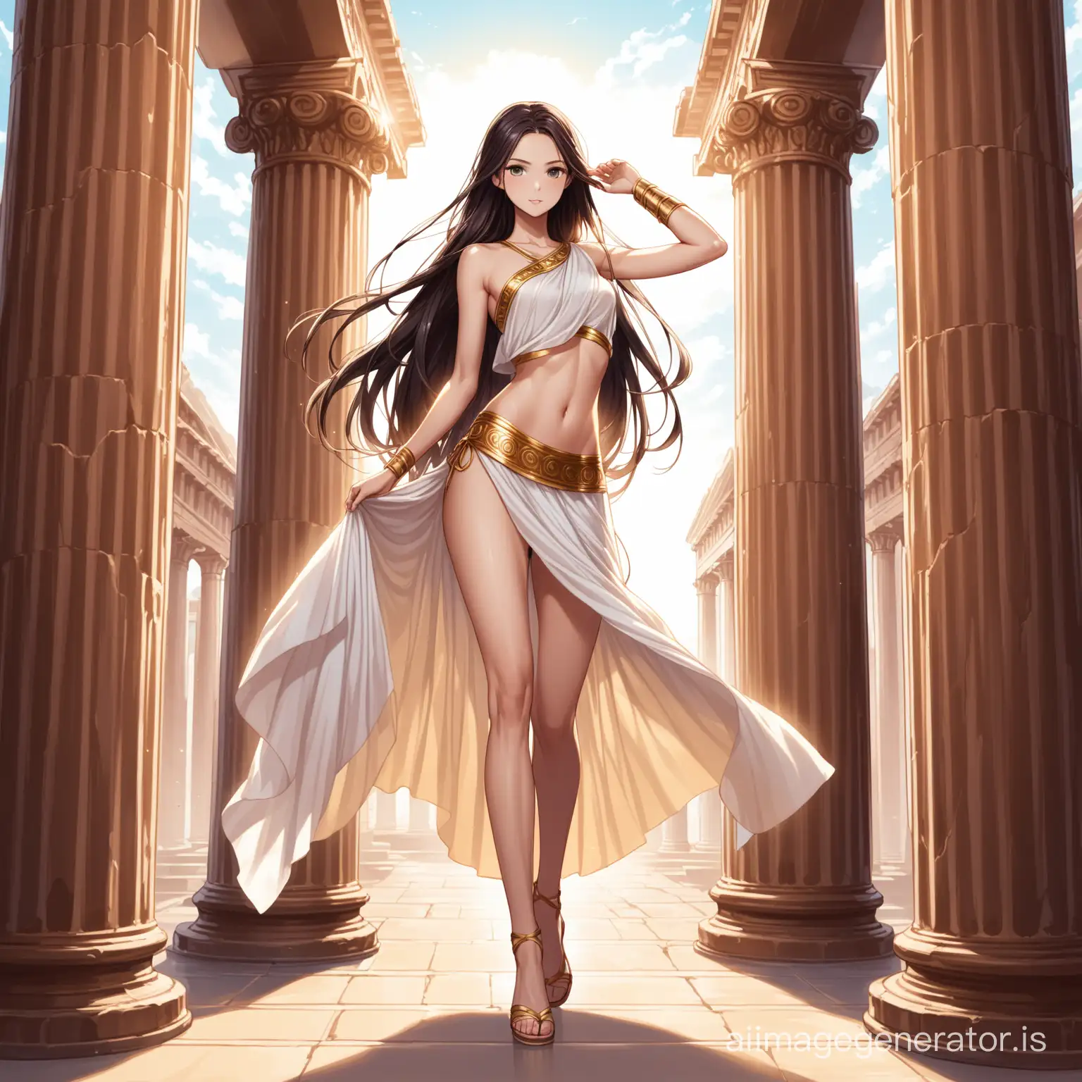 beautful long hair slender woman in a revealing or transparent toga , roman pillars background, lifting skirt up, 