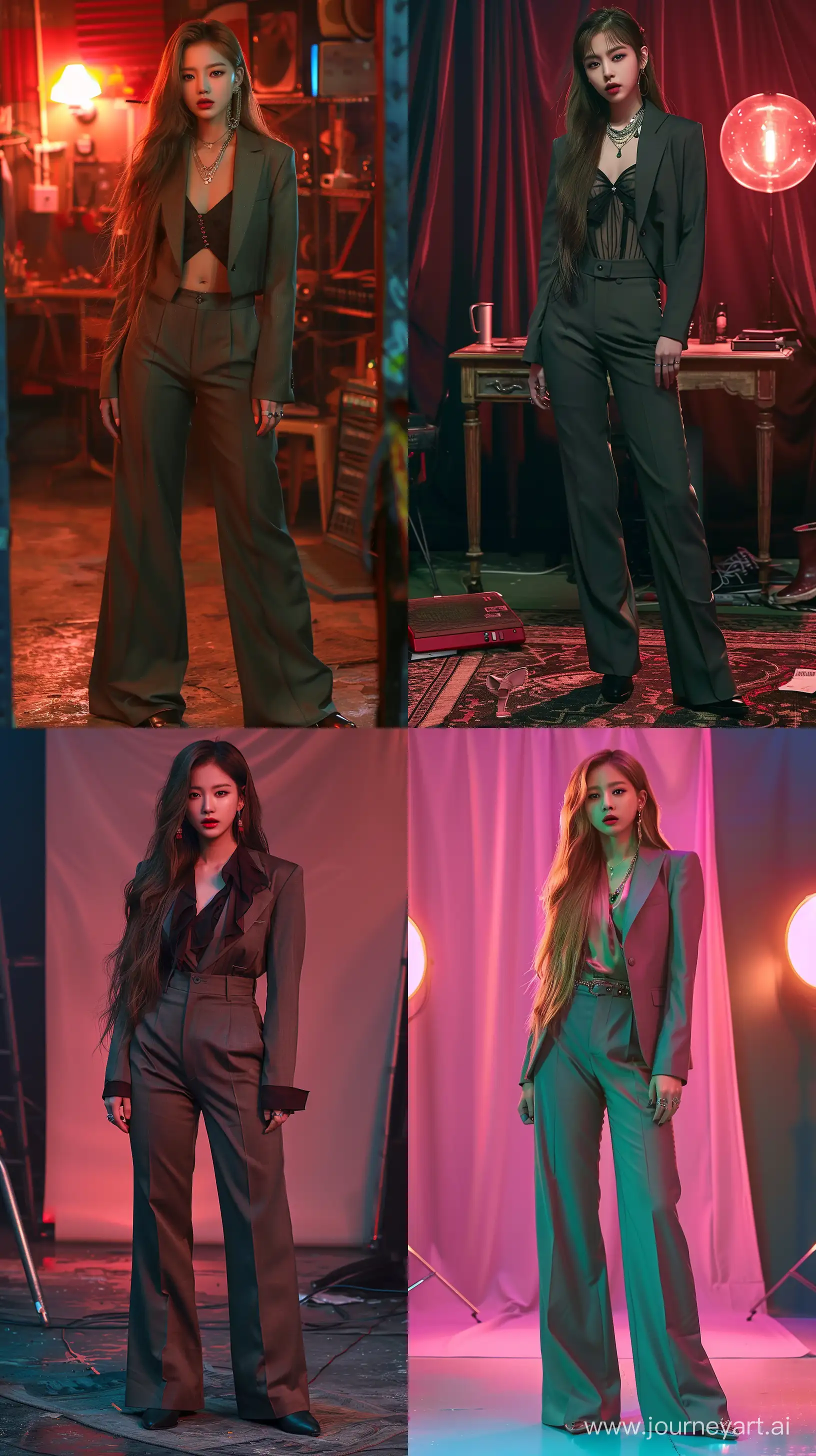 High resolution fashion photo of jennie blackpink's full body shot, wearing a suit pants and simple blouse on a creepy studio set, super casual, everyday attire, in the style of jennie, mysterious nocturnal scenes, mischievous motif, album covers, flickr --ar 9:16 --style raw --stylize 250 --v 6
