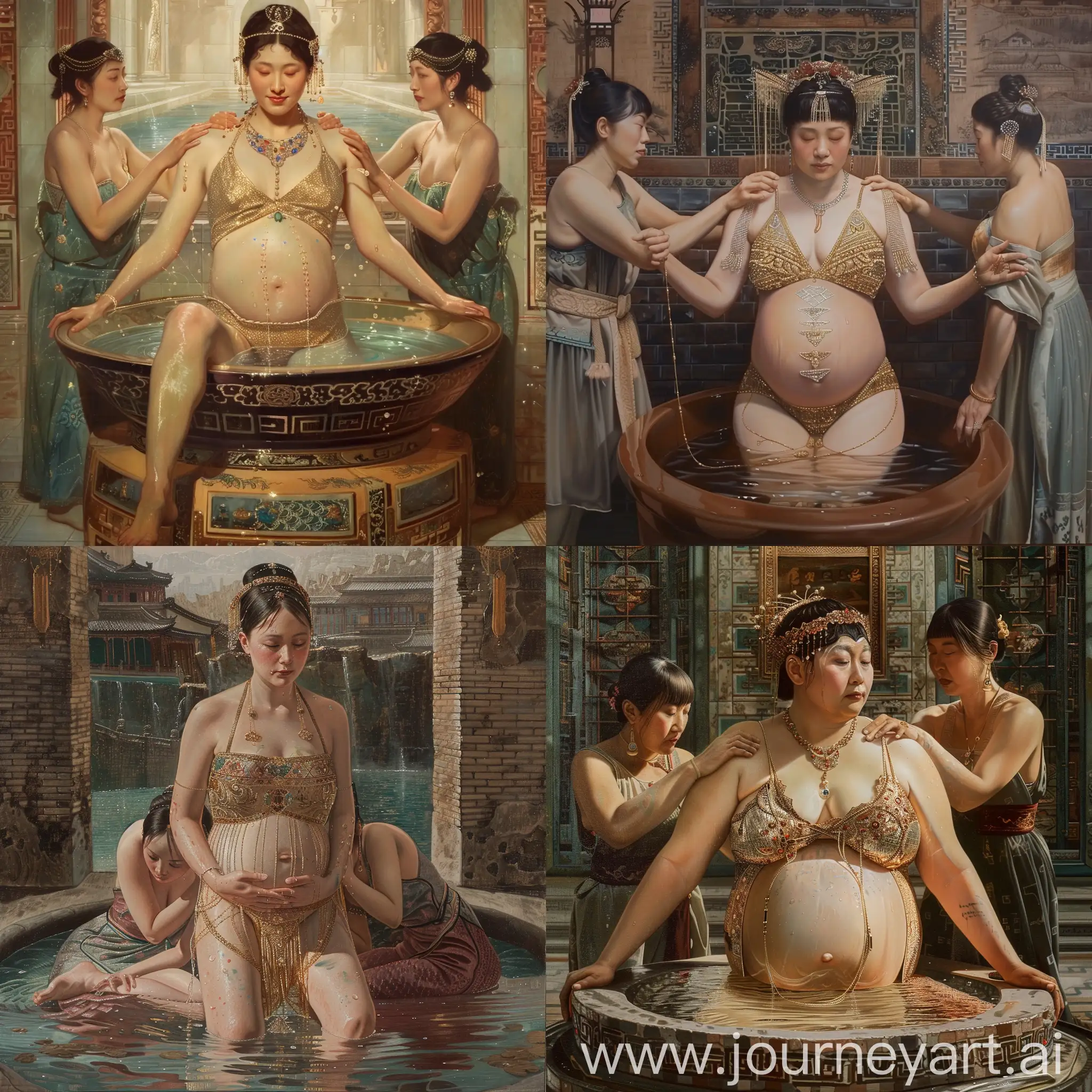 Pregnant-Empress-Wu-Zetian-Relaxing-in-Luxurious-Hot-Spring-with-Maids-Massaging-Shoulders