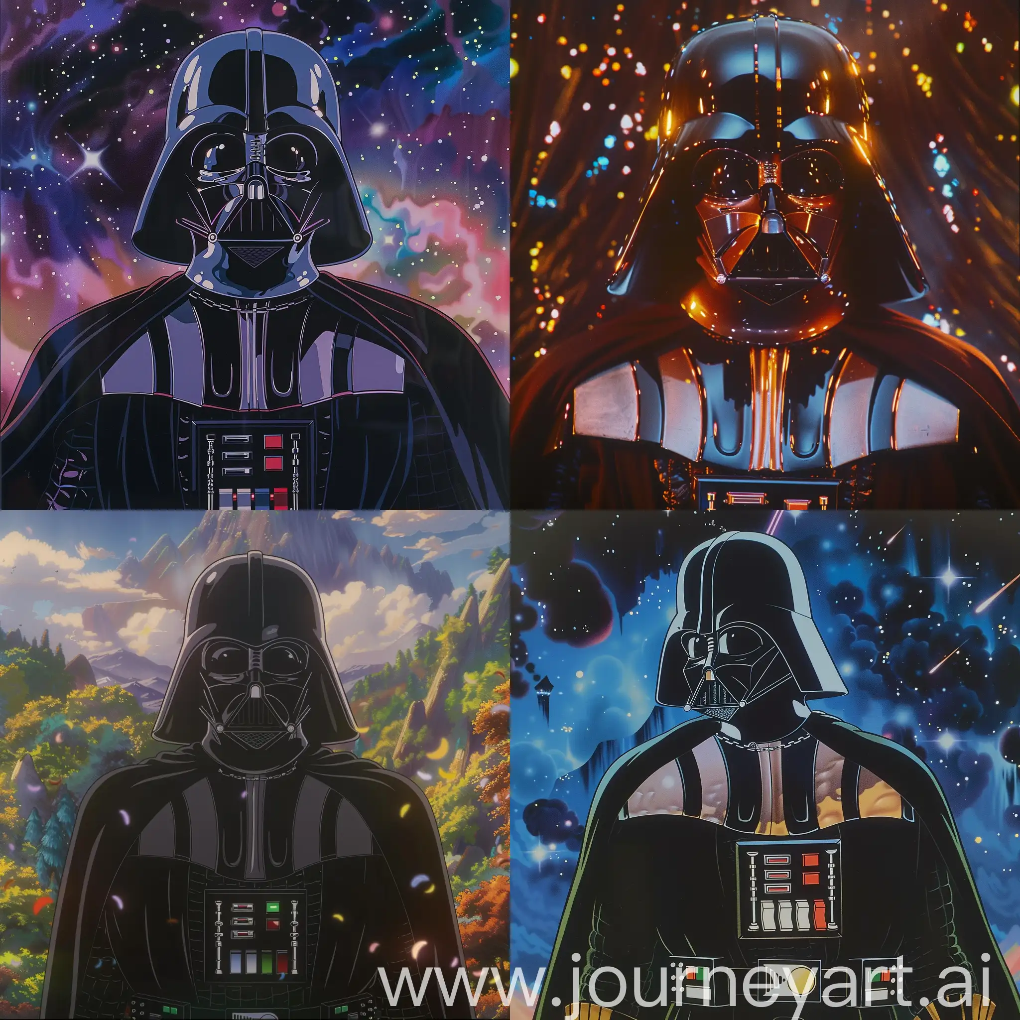Darth Vader portrait in studio ghibli anime genre film, dvd screenshot from anime film, wearing infinity stones and dark hell costume and 80s studio ghibli film composition