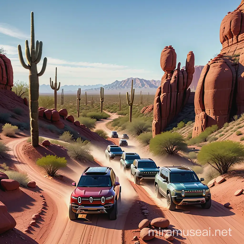 group of Rivian trucks and SUVs driving off road on a path through a Arizona desert with a lot of high red rocks. Include a few of the trucks and SUVs climbing over rocks and have a few saguaro cactus 