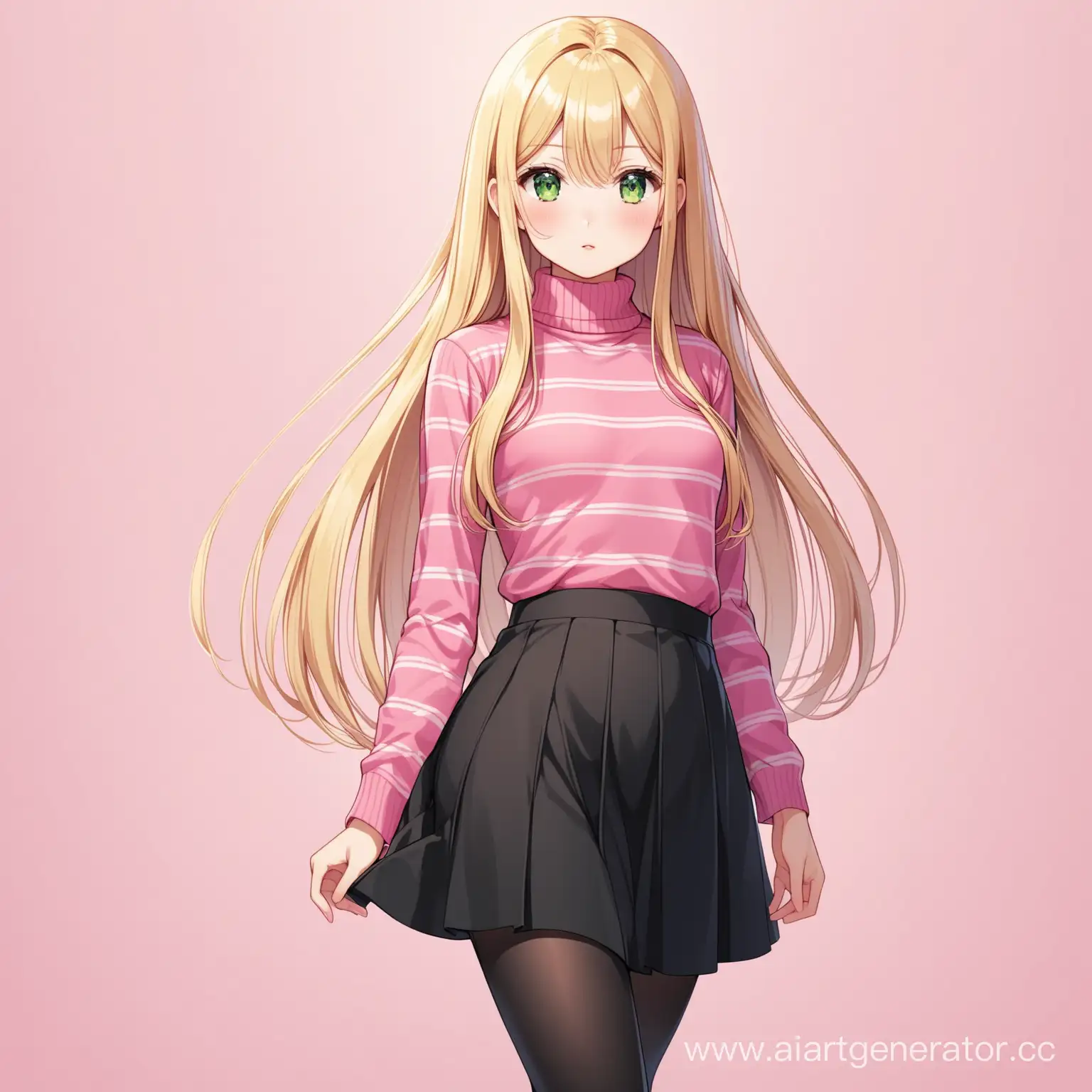 Blonde-Girl-in-Pink-Turtleneck-and-Black-Skirt-with-Green-Eyes