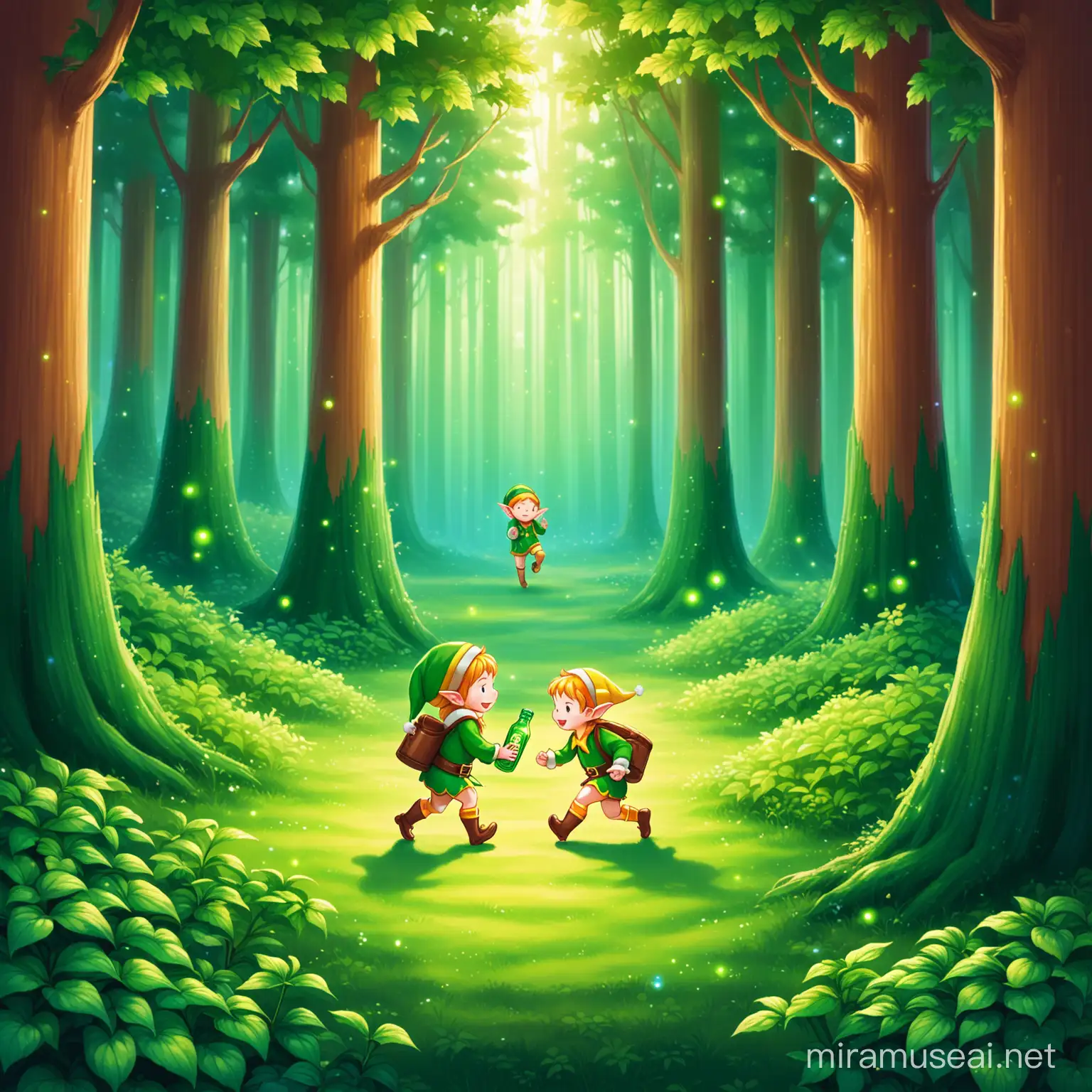 In the original forest, there are denseevergreens, and the forest is full of elves and sprites, One Sprite is sleeping in a tiny, old square, heinz glass bottle. A 5 year old girl and 2 year old boy find the small bottle. They cannot see the mischievious sprint as he is invisible
