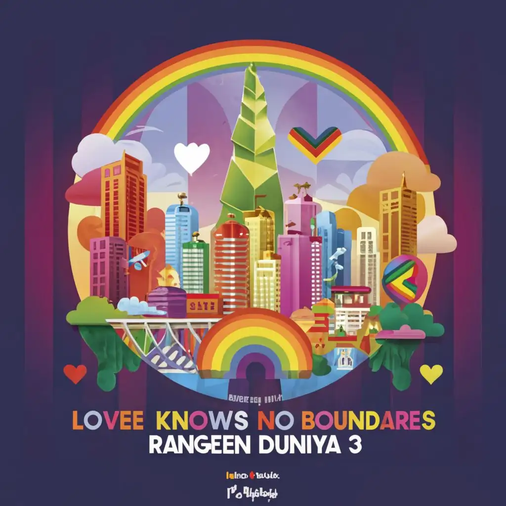 logo, 1. A colorful, futuristic cityscape with the Rangeen Duniya
2. logo prominently displayed, surrounded by a rainbow of pride flags and hearts. The slogan "Love knows no boundaries in Rangeen Duniya
3. " is written in bold, playful font.
4. A group of diverse, anthropomorphic animals (such as a lion, panda, and flamingo) holding hands and standing in front of the Rangeen Duniya
5. logo, which is made up of various pride flags. The slogan "In Rangeen Duniya, with the text "Colorful World 2.0", typography