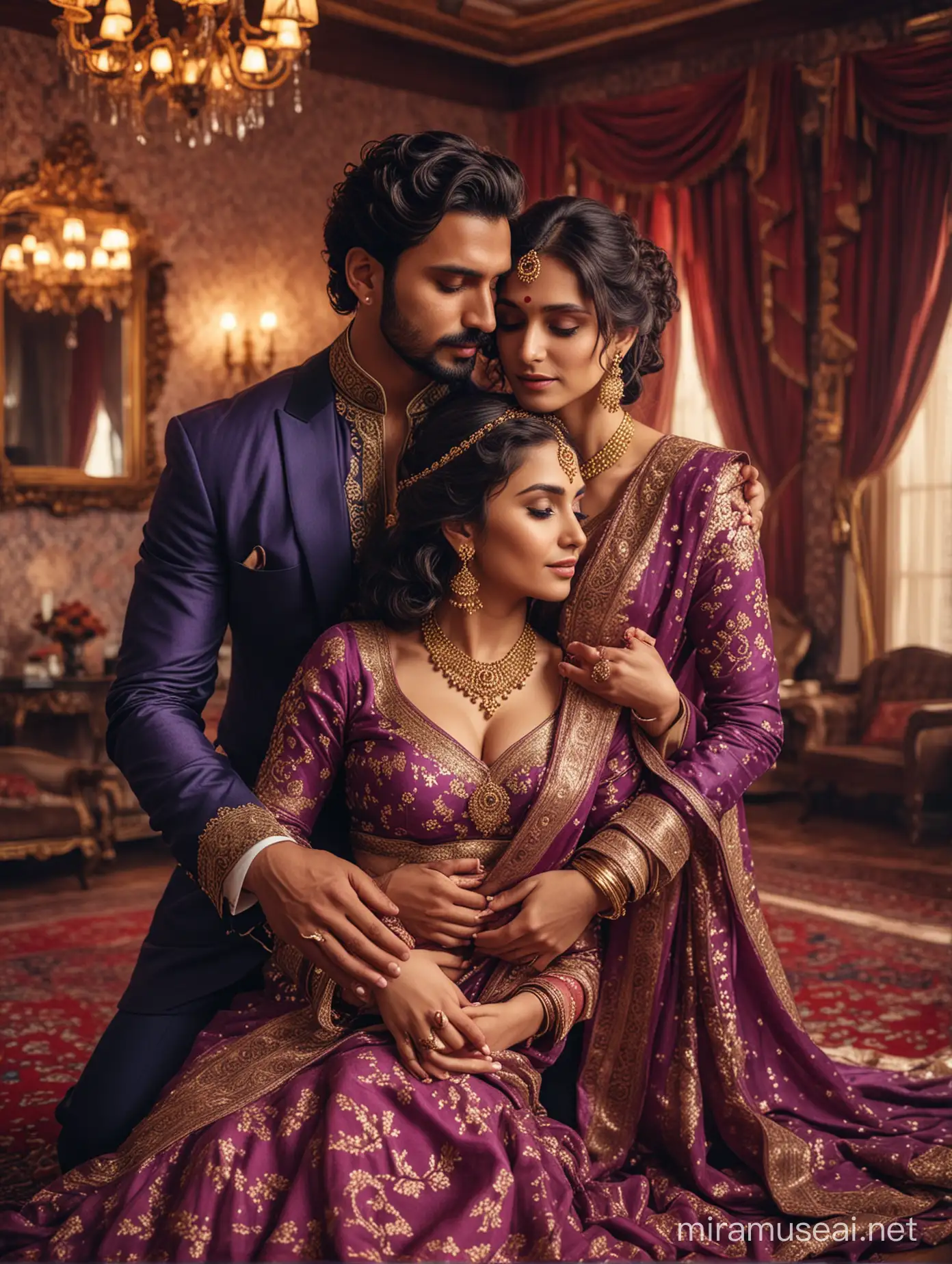 Romantic Embrace of Elegant Indian Couple in Vintage Palace Interior