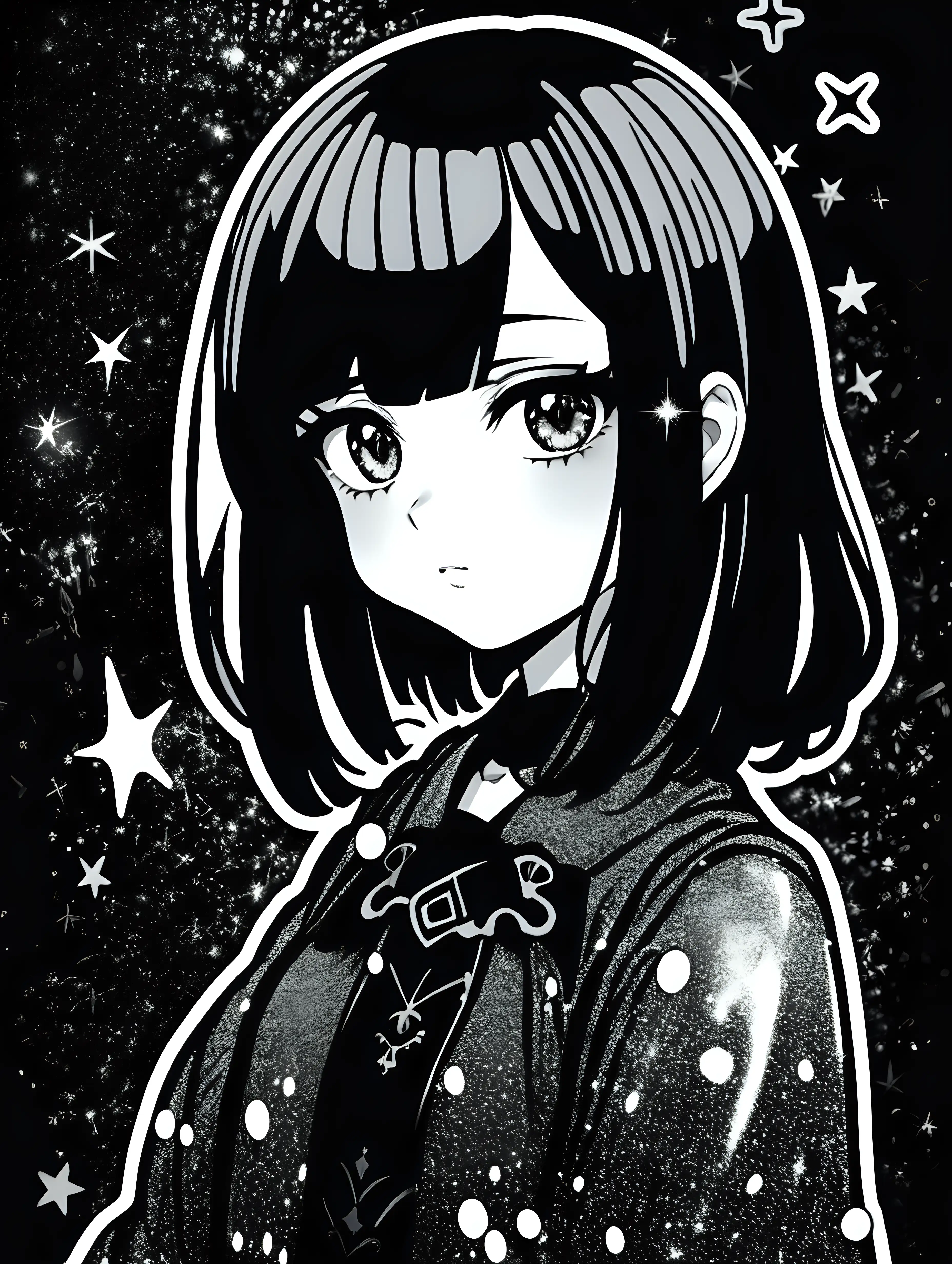 goth anime woman black and white sparkles in the background sticker